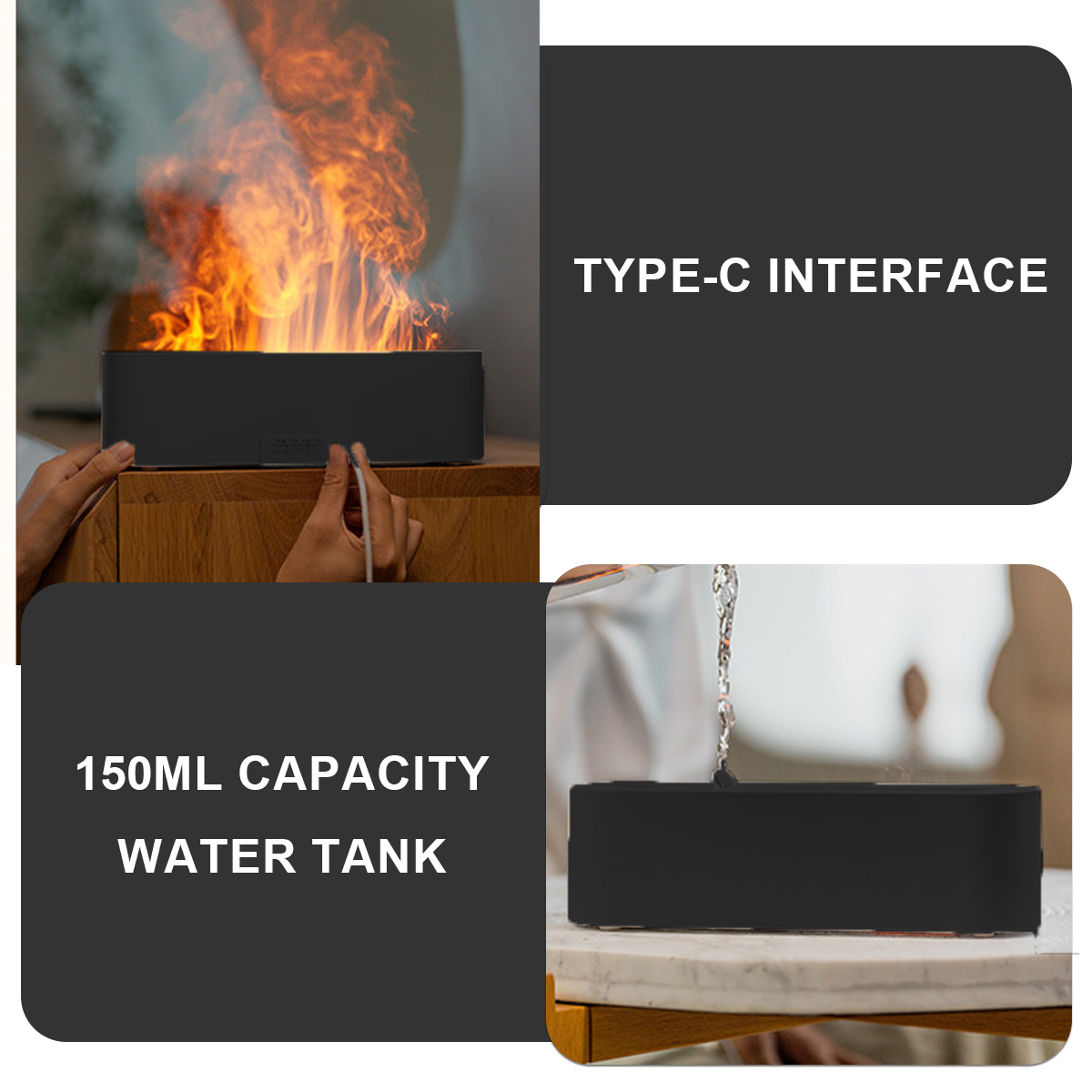 Ein schwarzes Gerät mit Flammeneffekt. Eine Hand steckt es ein. Text: Typ-C-Schnittstelle, 150ml Wassertank. Wasser wird eingefüllt.