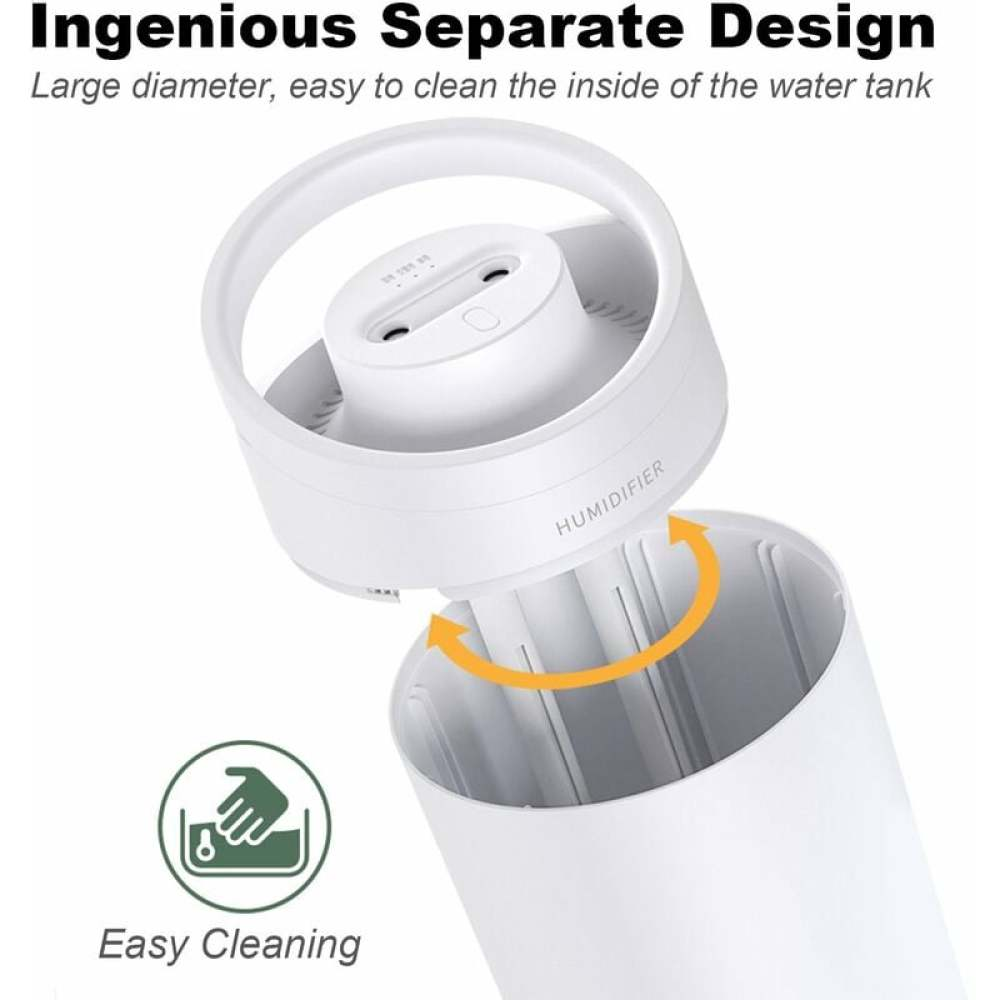 Ein weißer Luftbefeuchter mit separatem Design. Der obere Teil ist abgenommen und zeigt das Innere. Text sagt 'Easy Cleaning' und 'HUMIDIFIER'.