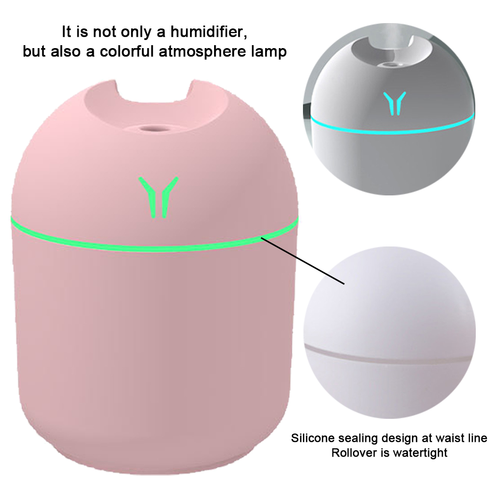 Ein rosa Luftbefeuchter mit grünem Licht. Es hat ein Y-förmiges Logo. Der Text besagt, dass es sich um eine farbenfrohe Lampe mit Silikondichtung handelt.