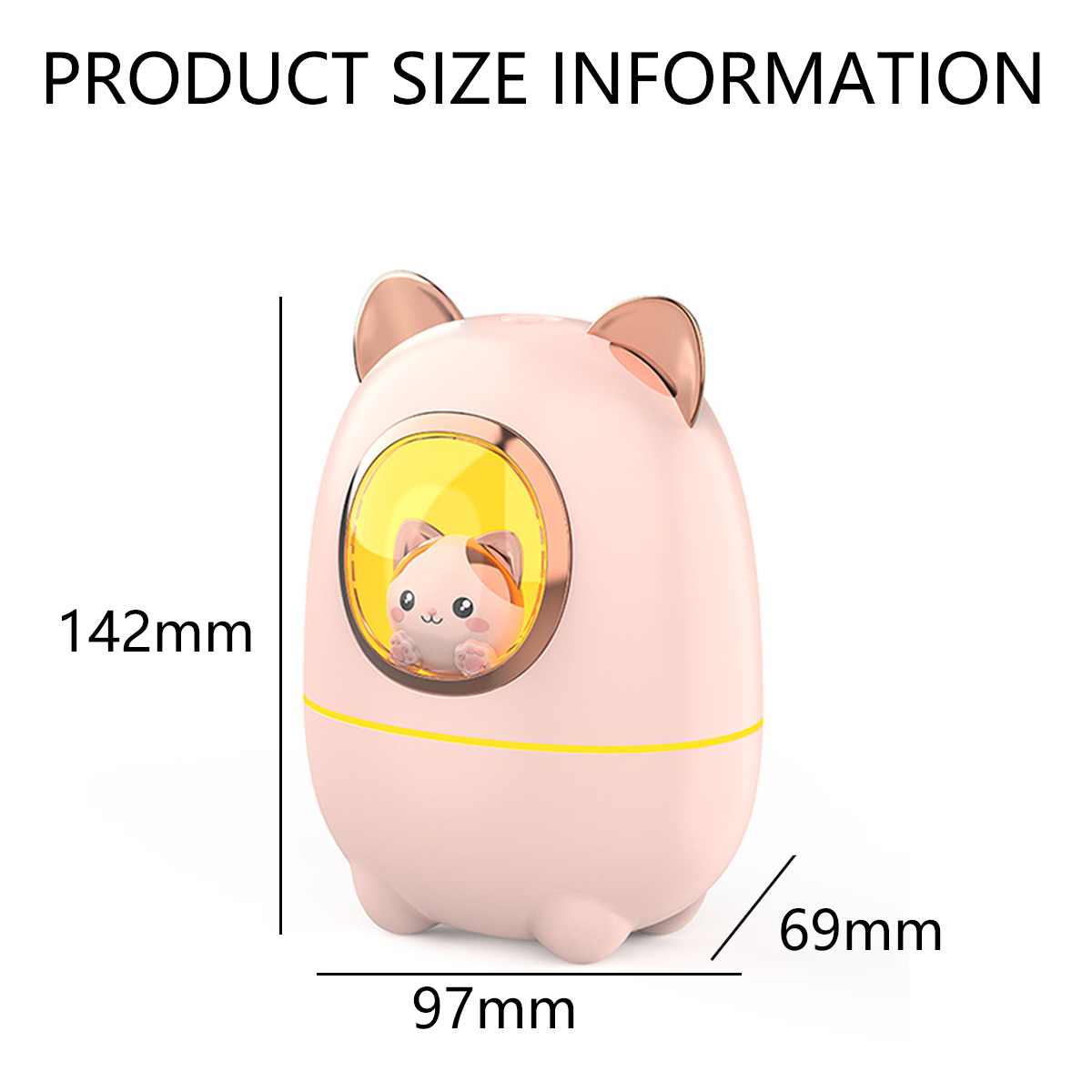 Ein rosa katzenförmiges Produkt mit Maßangaben. Das Produkt hat ein Katzenkopfgesicht in einem gelben Kreis. Die Maße sind 142 mm, 97 mm und 69 mm.