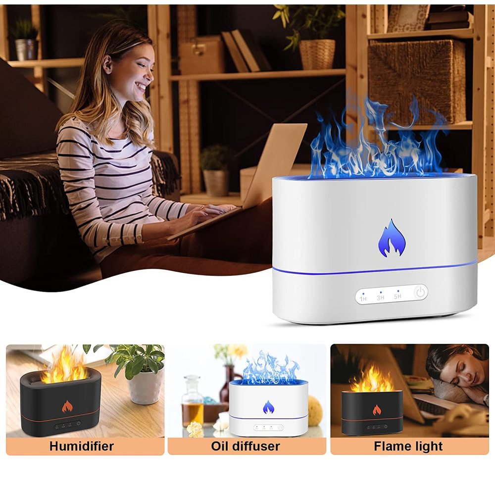 Frau benutzt Laptop neben einem Luftbefeuchter mit blauen Flammen. Unten sind Bilder eines Luftbefeuchters, Öl-Diffusors und Flammenlichts.