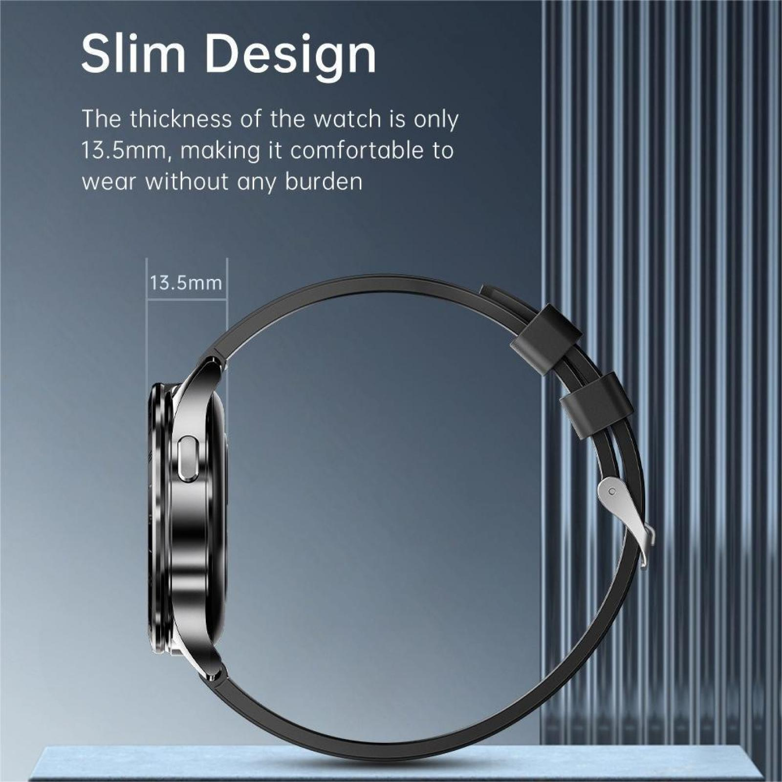 Nahaufnahme einer Smartwatch, die ihr schlankes Design und das Armband vor einem strukturierten Hintergrund zeigt.