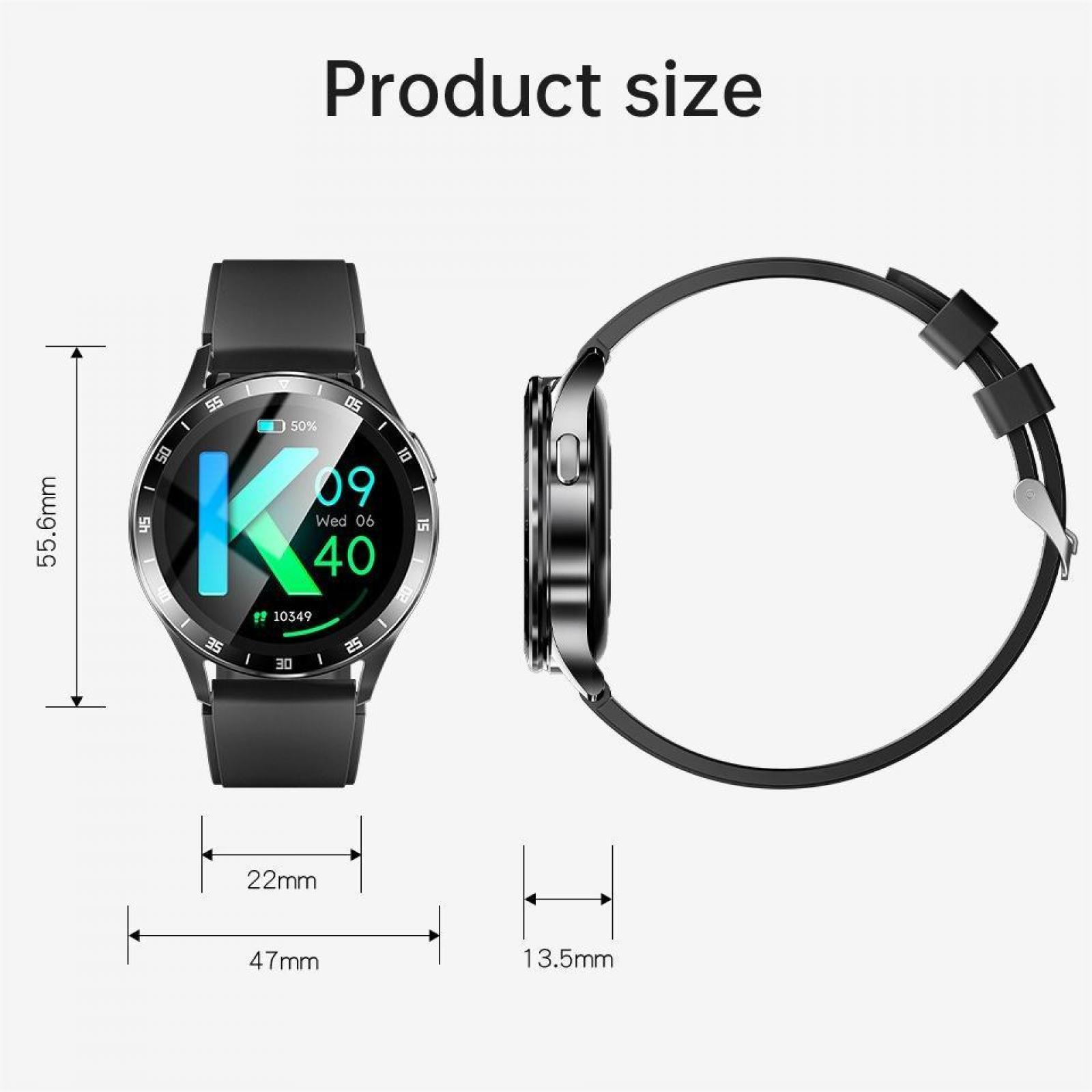 Eine Smartwatch mit schwarzem Armband, die Zeit und Abmessungen anzeigt. Die Produktgröße wird mit mm-Angaben angezeigt.