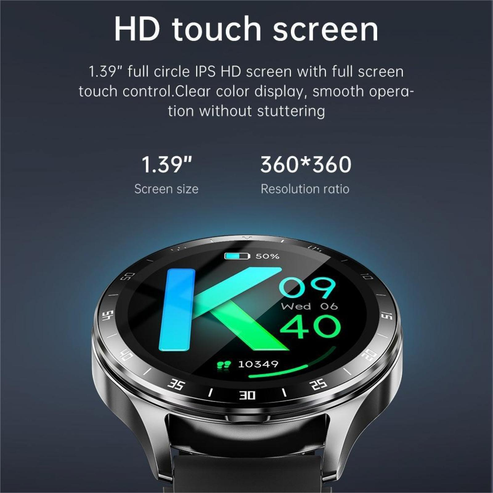 Smartwatch mit HD-Touchscreen. Zeigt Zeit, Akku und Fitnessdaten an. Silberne Lünette und schwarzes Armband.