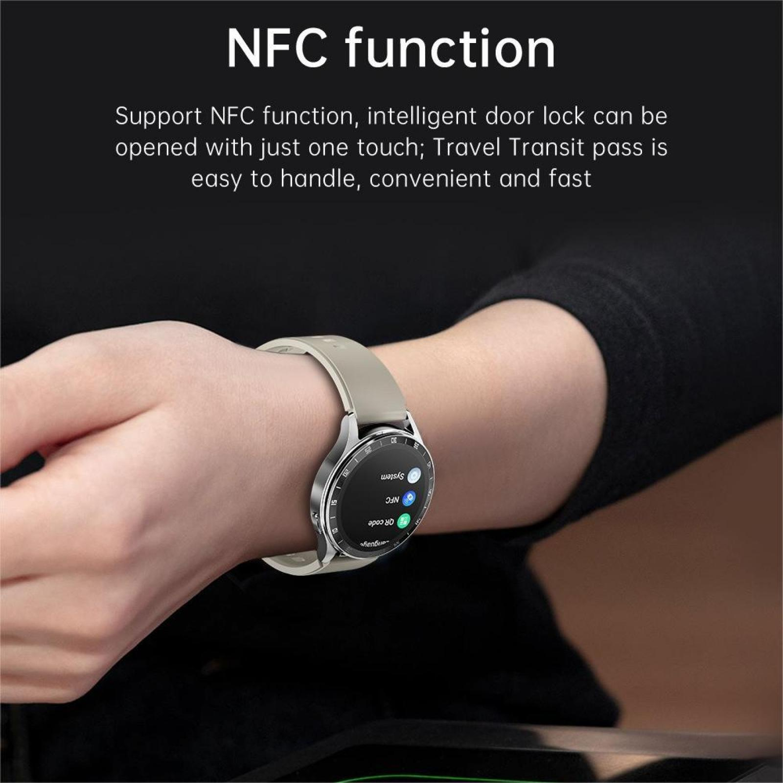 Handgelenk mit Smartwatch. Das Zifferblatt zeigt Symbole. Der Hintergrund ist dunkel, und Text beschreibt die NFC-Funktion.