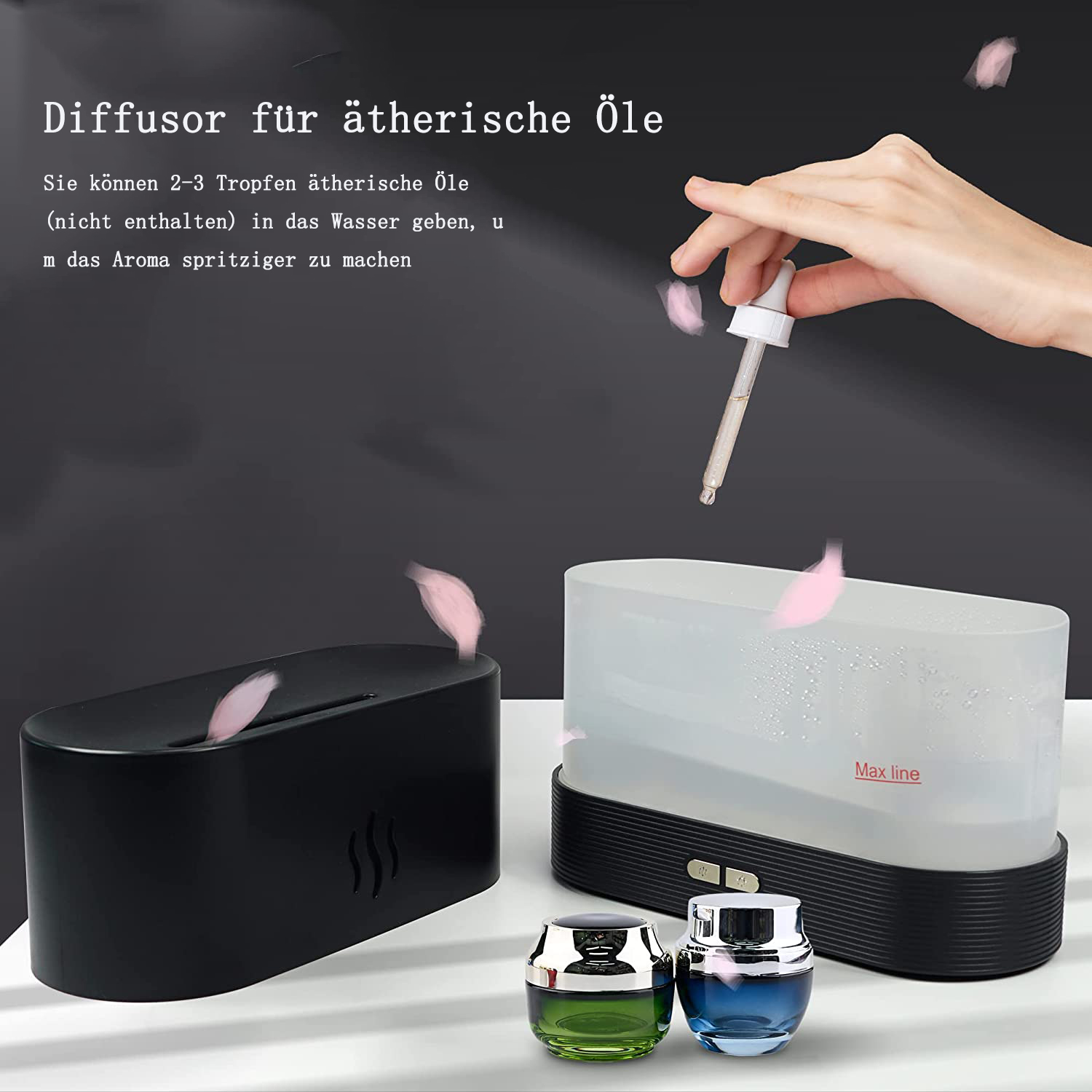 Eine Hand hält eine Pipette über einem Diffusor. Zwei weitere Diffusoren sind im Vordergrund, und rosa Blütenblätter schweben.