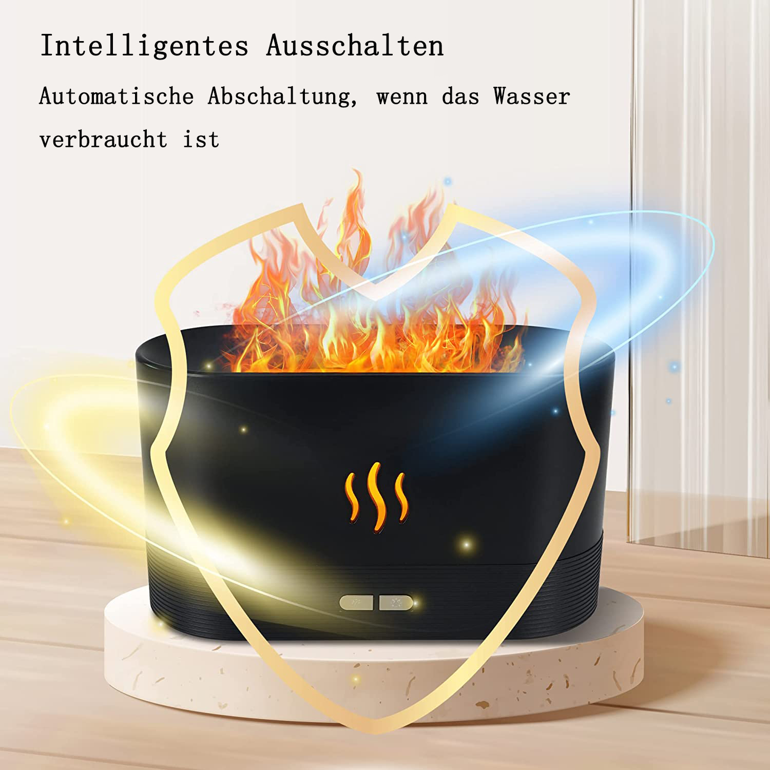 Schwarzes Aromatherapiegerät mit Flammeneffekt auf einem weißen Ständer. Texte auf Deutsch. Schild- und Lichteffekte umgeben es.