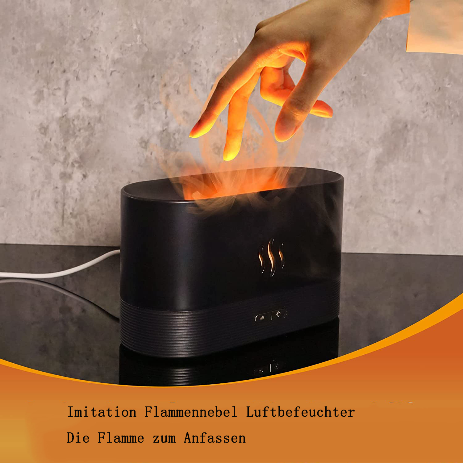 Eine Hand berührt einen schwarzen Luftbefeuchter mit orangefarbenem Flammeneffekt. Der Hintergrund ist eine graue Wand. Die Oberfläche ist glänzend.