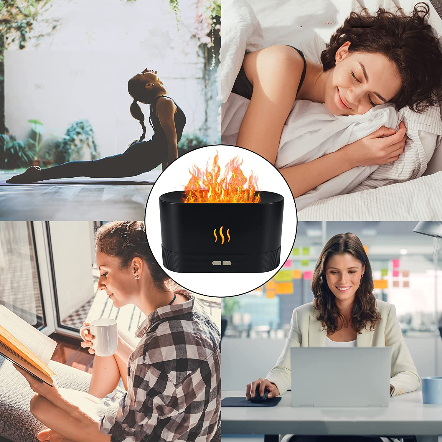 Collage von vier Bildern. Frau macht Yoga, schläft, liest und arbeitet am Laptop. Ein schwarzes Gerät mit Flammen befindet sich in der Mitte.