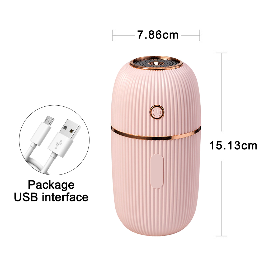 Ein rosa Luftbefeuchter mit USB-Kabel und den Maßen 7,86 cm und 15,13 cm. Er hat einen Ein-/Ausschalter und ein kleines rechteckiges Fenster.