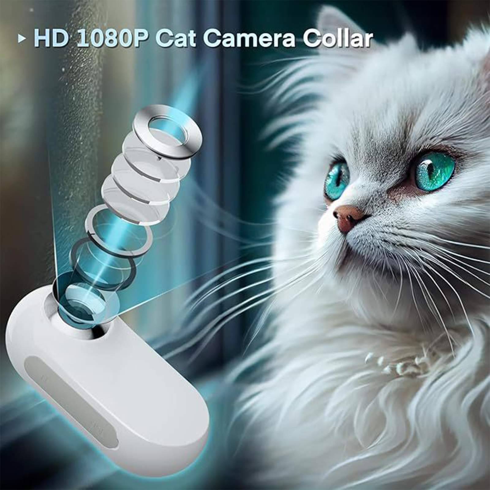 Eine weiße Katze mit leuchtend grünen Augen. Am linken Rand wird ein Katzenkamerahalsband angezeigt. Text: HD 1080P Katzenkamerahalsband.