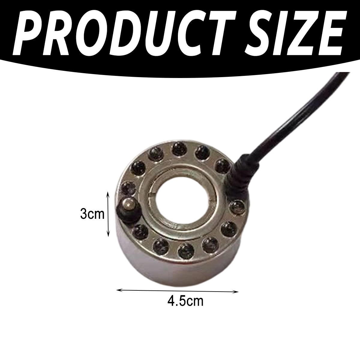 Produktgrößenbild: ein silberner Nebelbereiter mit schwarzem Kabel, 3 cm hoch, 4,5 cm breit, mit dem Text 'PRODUCT SIZE' darüber.