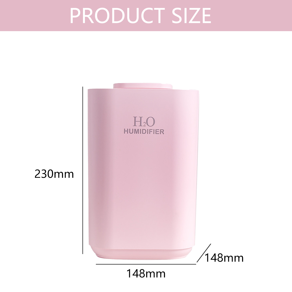Ein rosa Luftbefeuchter mit den angegebenen Abmessungen: 230 mm Höhe, 148 mm Breite und 148 mm Tiefe. Der Text lautet 'H2O HUMIDIFIER'.