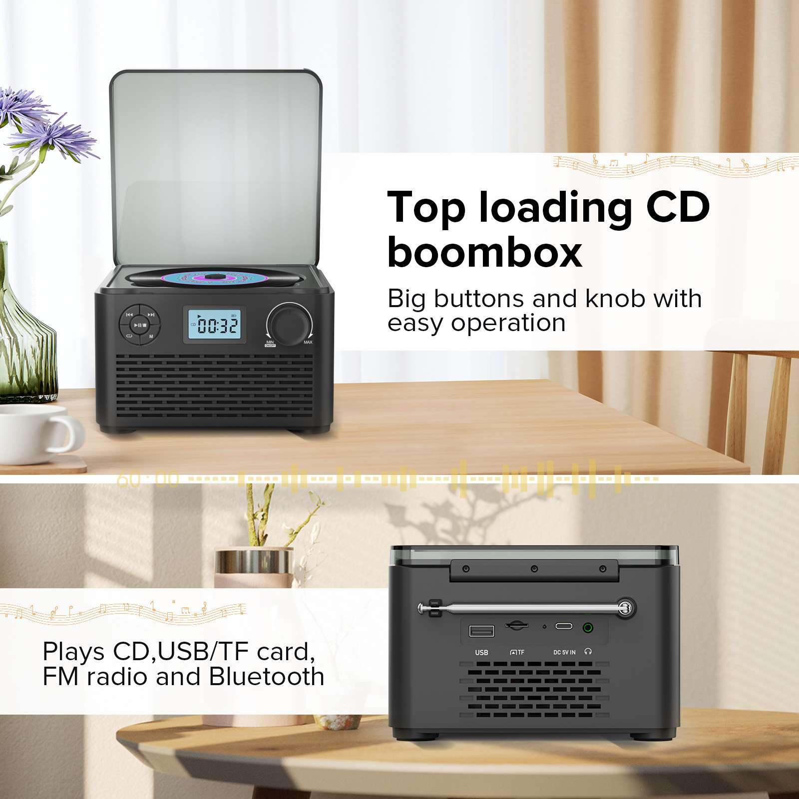 Schwarzer CD-Player auf einem Holztisch. Er spielt CDs, USB/TF-Karten, FM-Radio und Bluetooth.