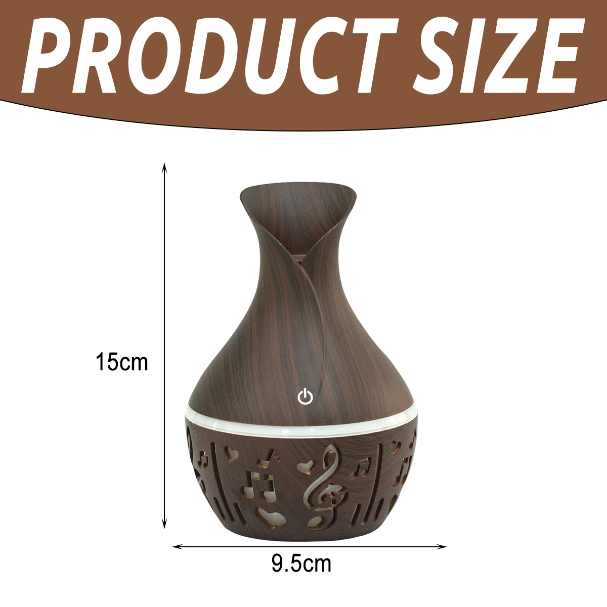 Ein brauner Aroma-Diffusor aus Holz. Er ist 15 cm hoch und 9,5 cm breit. Unten sind Noten ausgeschnitten.