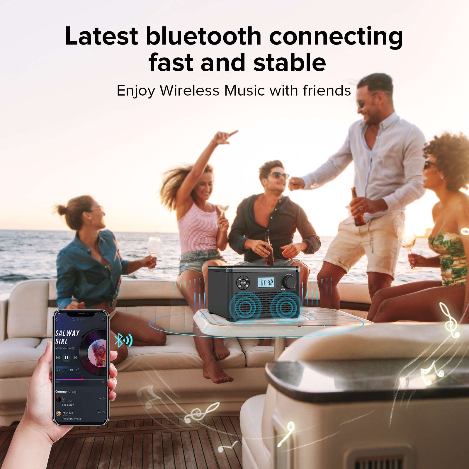 Leute auf einem Boot mit Musik. Ein Lautsprecher spielt Musik, ein Telefon zeigt eine Wiedergabeliste. Leute tanzen und genießen Getränke.