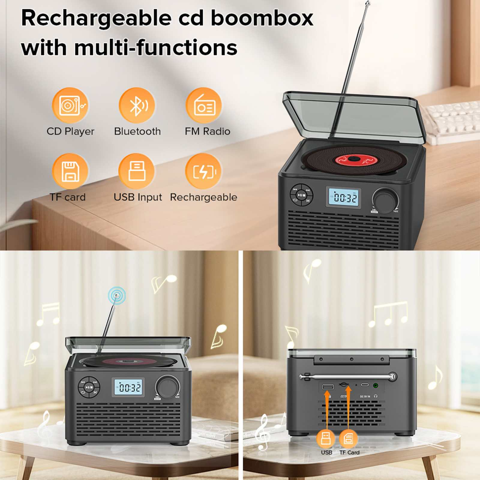 Schwarze CD-Boombox mit CD, Display und Knöpfen. Funktionen: Bluetooth, UKW-Radio und USB-Eingang.