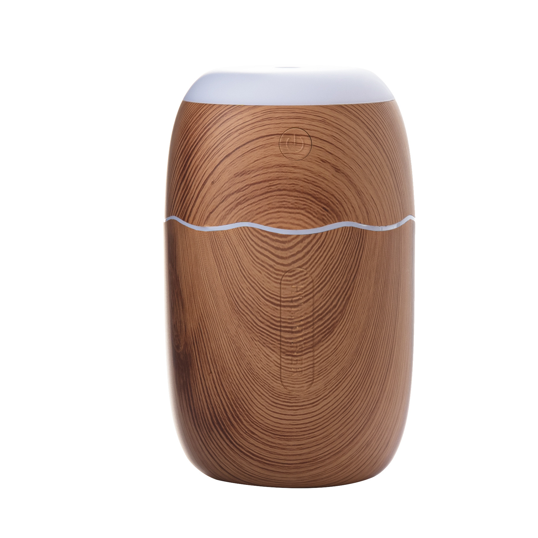 Ein brauner Diffusor für ätherische Öle mit Holzmaserung, weißem Deckel und einem Ein-Aus-Knopf.