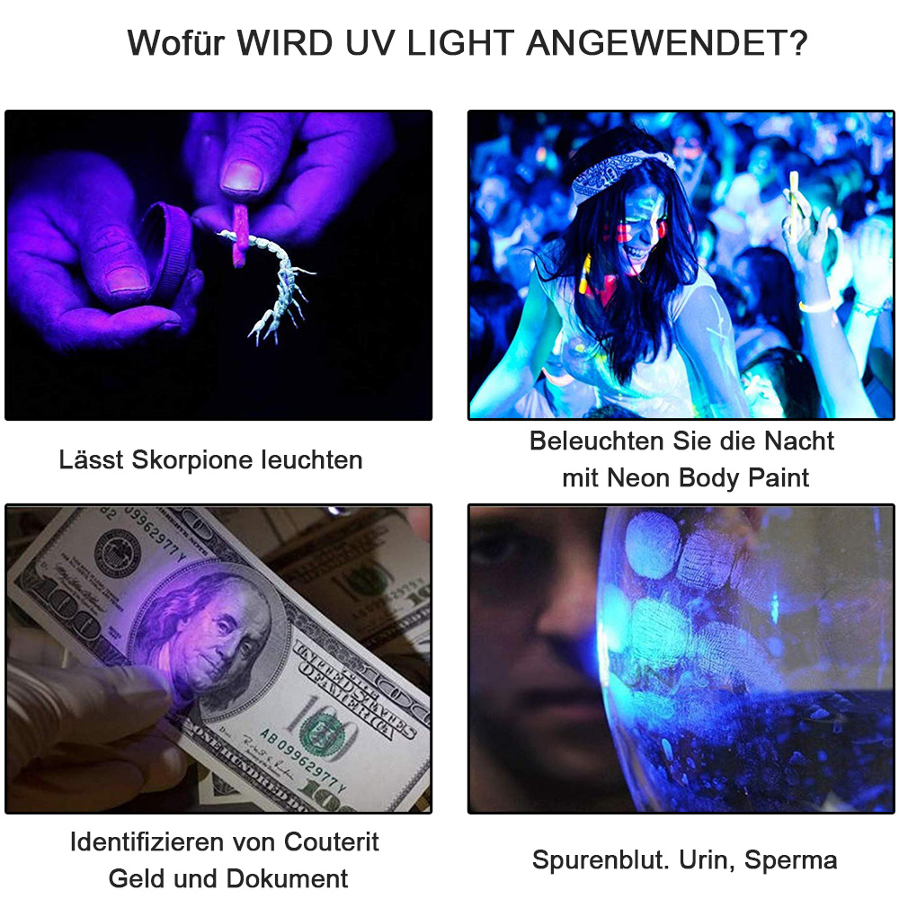 Das Bild zeigt vier Anwendungen von UV-Licht: ein leuchtender Skorpion, eine Person mit Neonfarbe, Geld und Spuren von Blut, Urin und Sperma.