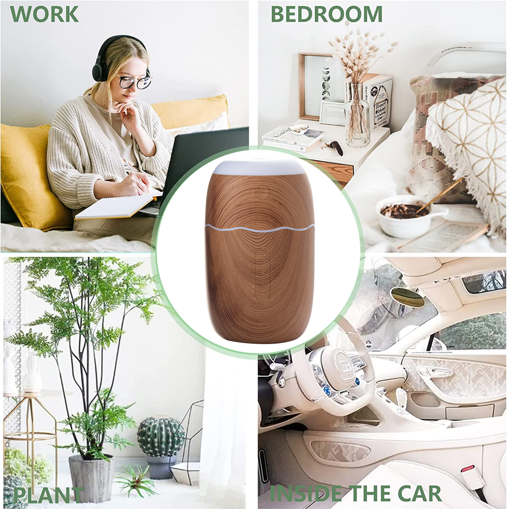 Das Bild zeigt einen Luftbefeuchter in Holzoptik und verschiedene Szenen: eine arbeitende Frau, ein Schlafzimmer, Pflanzen und ein Autointerieur.