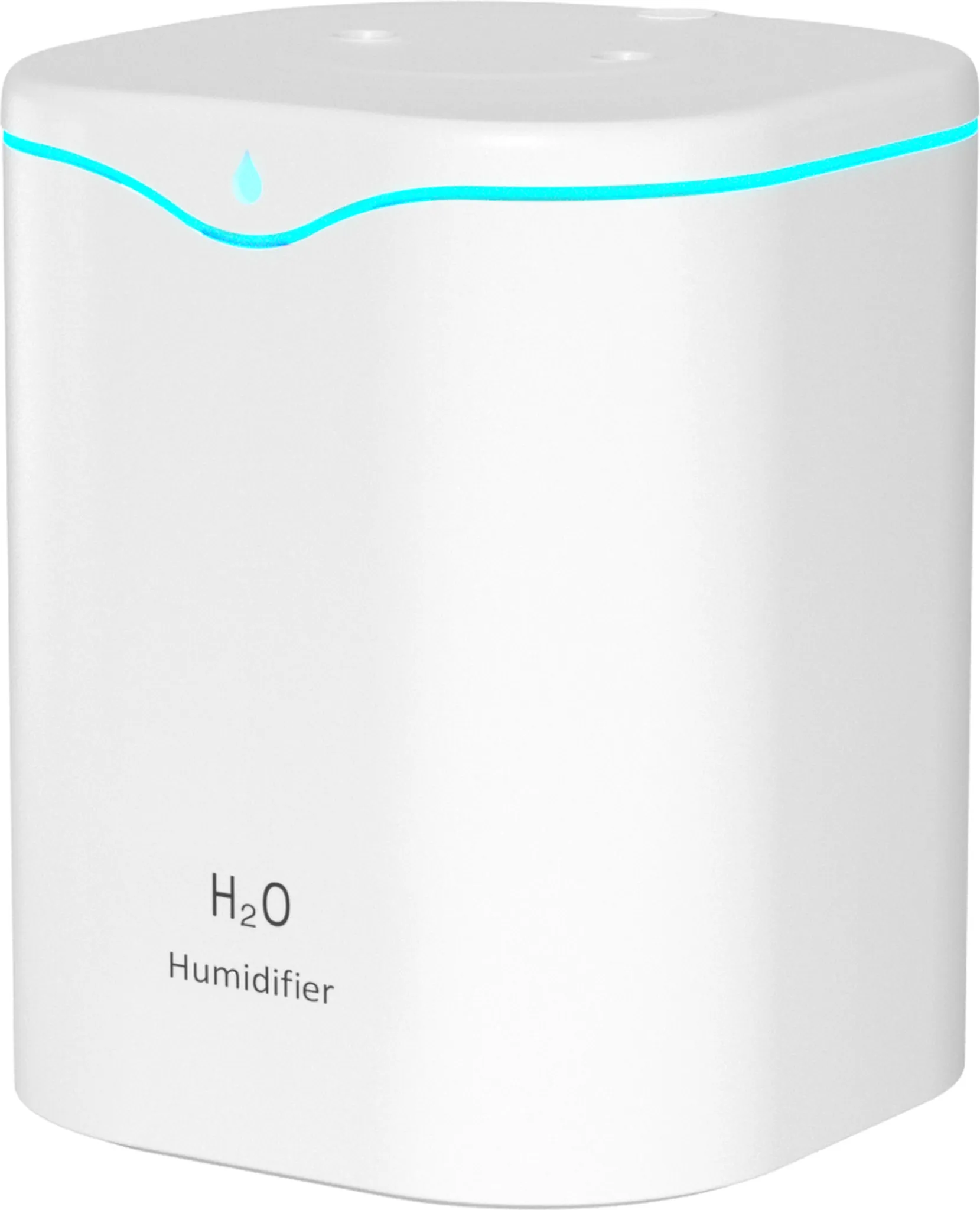 Ein weißer Luftbefeuchter mit blauer Leuchtlinie und Wassertropfensymbol. Der Text 'H2O Humidifier' ist gedruckt.