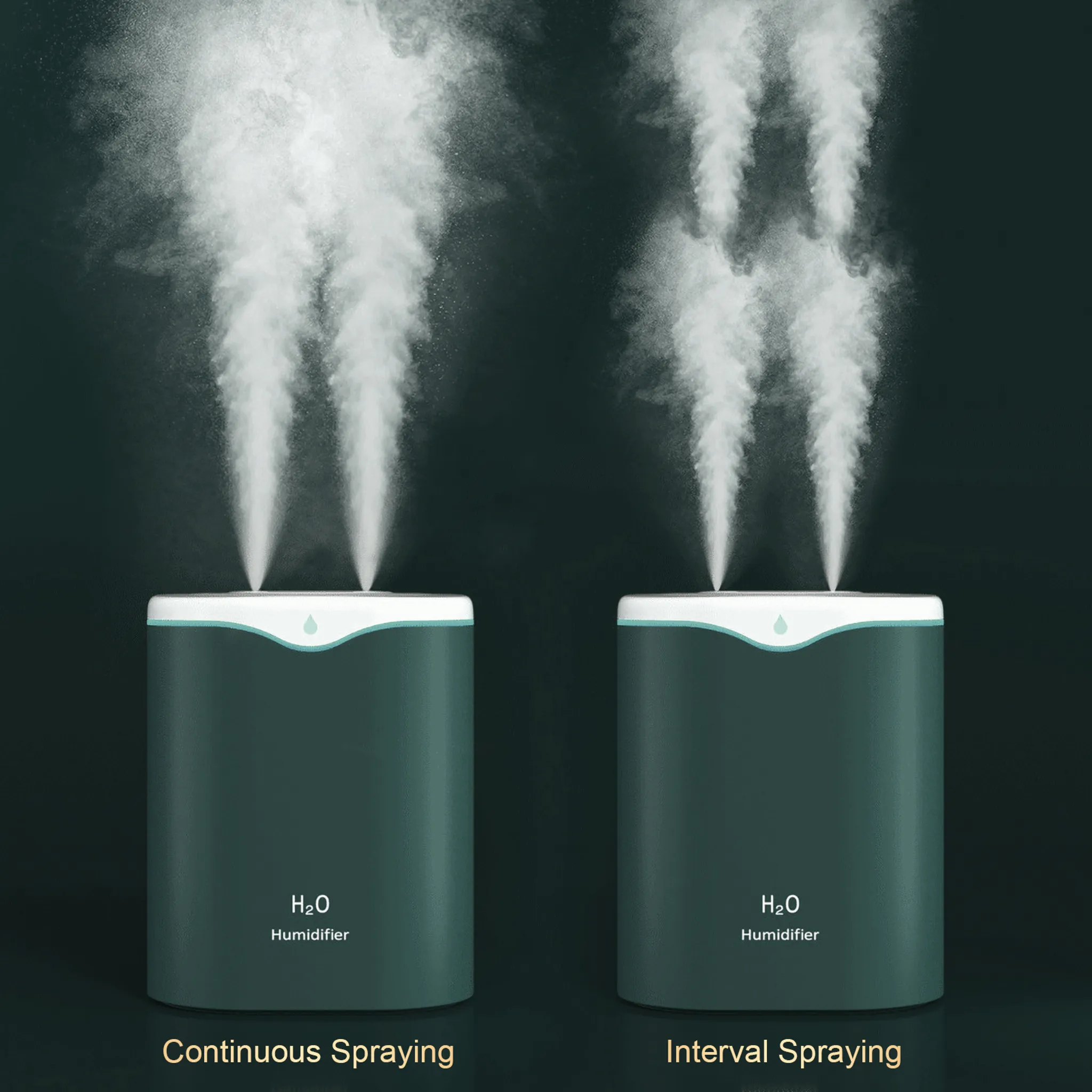 Zwei grüne Luftbefeuchter mit Dampf. Einer sprüht kontinuierlich, der andere intermittierend. Text: „Continuous Spraying“ und „Interval Spraying“.