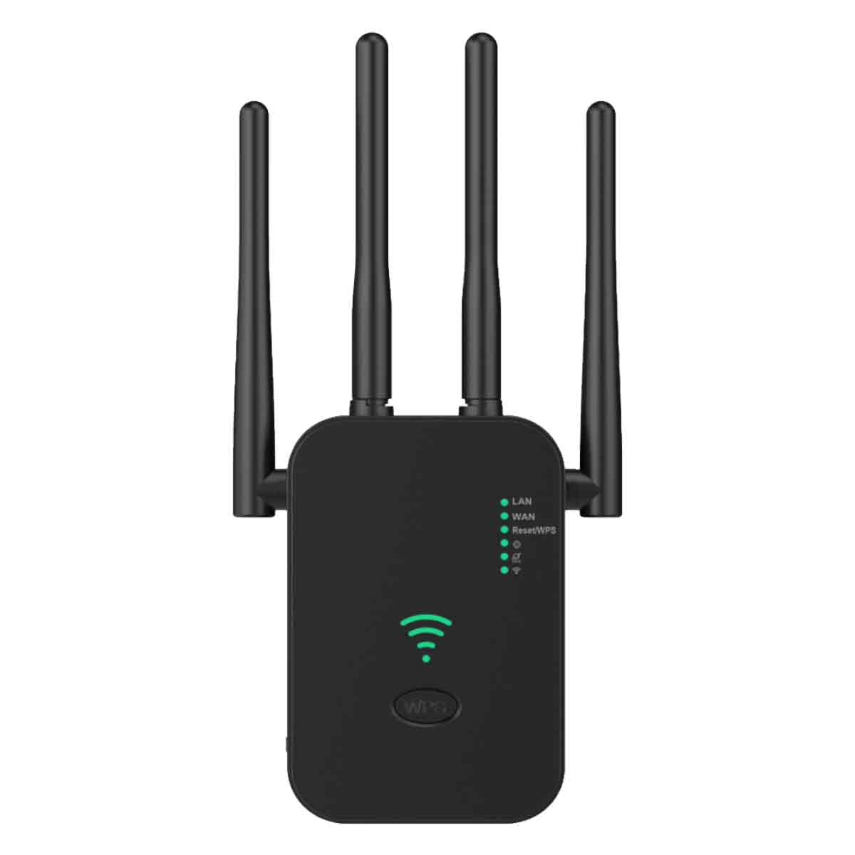 Schwarzer WLAN-Extender mit vier Antennen. Er hat LAN-, WAN-, Reset/WPS-Anzeigen und ein WLAN-Signal-Symbol. Die WPS-Taste ist sichtbar.
