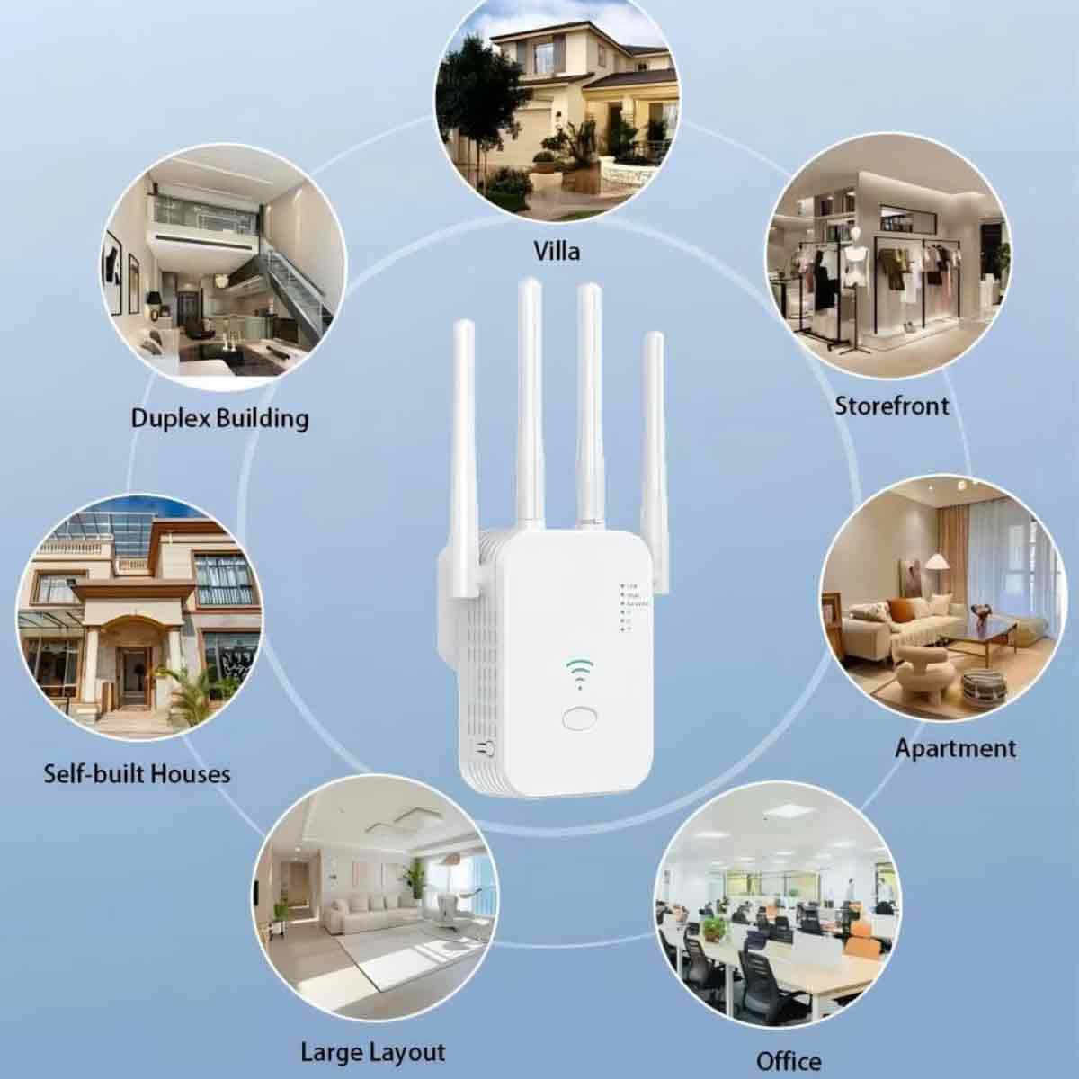 Ein weißer WLAN-Extender mit Antennen ist von kreisförmigen Bildern verschiedener Gebäudetypen umgeben: Villa, Duplex, Büro und Wohnung.