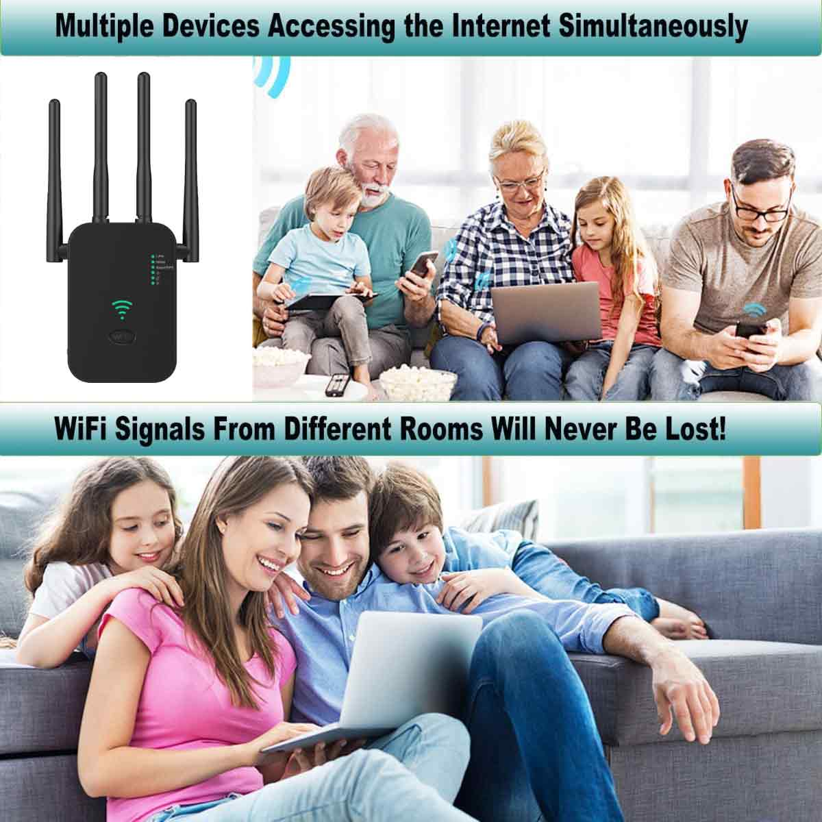 Ein WLAN-Repeater wird gezeigt, und Personen verwenden Geräte. Eine Familie auf einer Couch benutzt einen Laptop. Andere nutzen Telefone und Tablets.