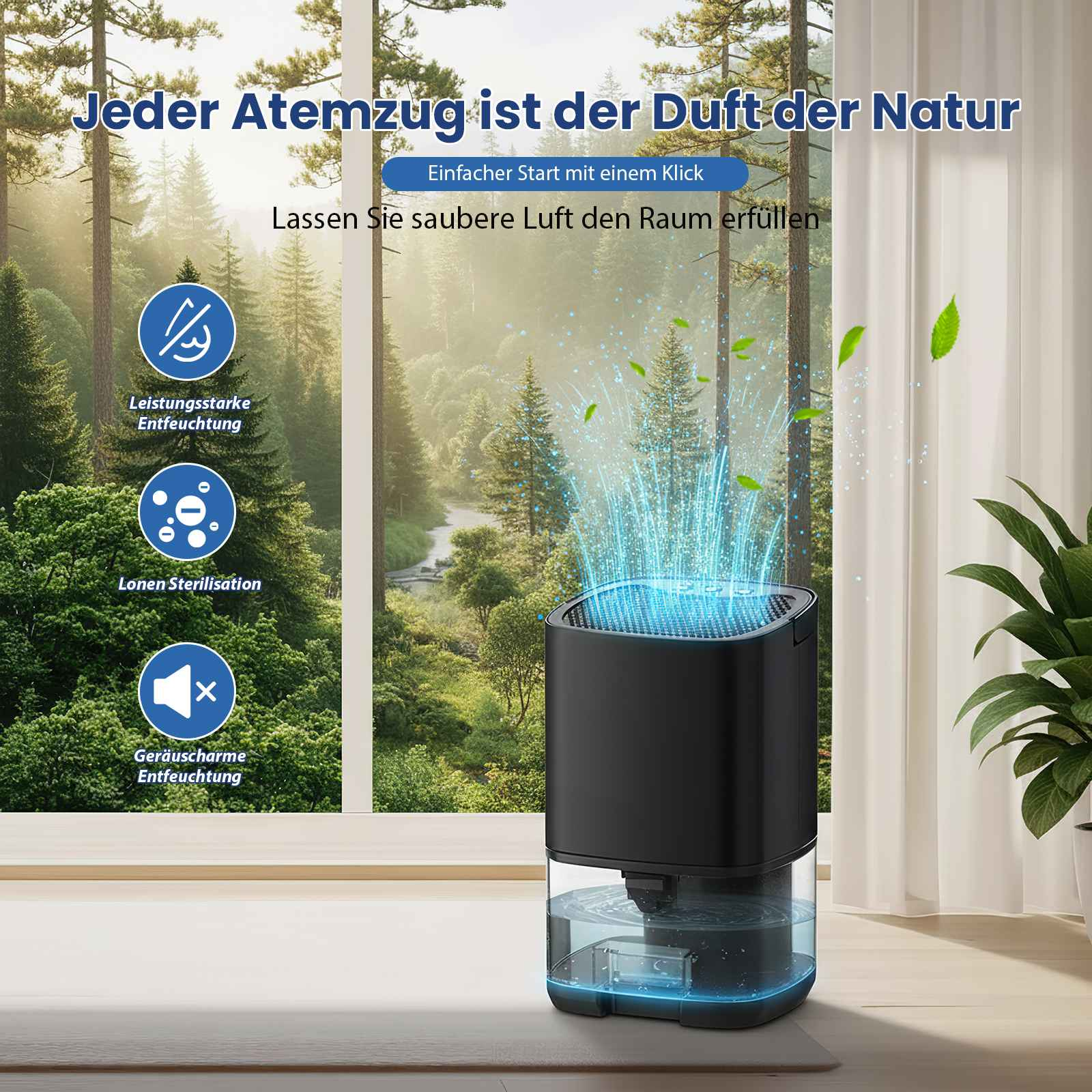 Ein schwarzer Luftreiniger mit Wassertank, in der Nähe eines Fensters mit Wald. Grüne Blätter schweben. Text auf Deutsch.