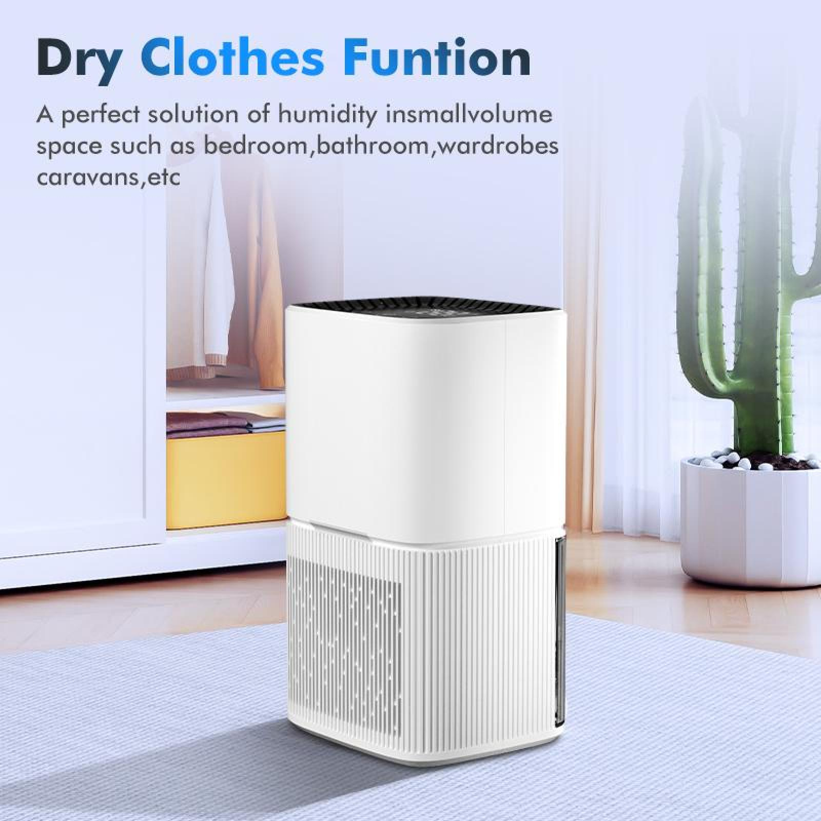 Ein weißer Luftentfeuchter in einem Raum mit einem Kaktus. Text sagt 'Dry Clothes Function'.