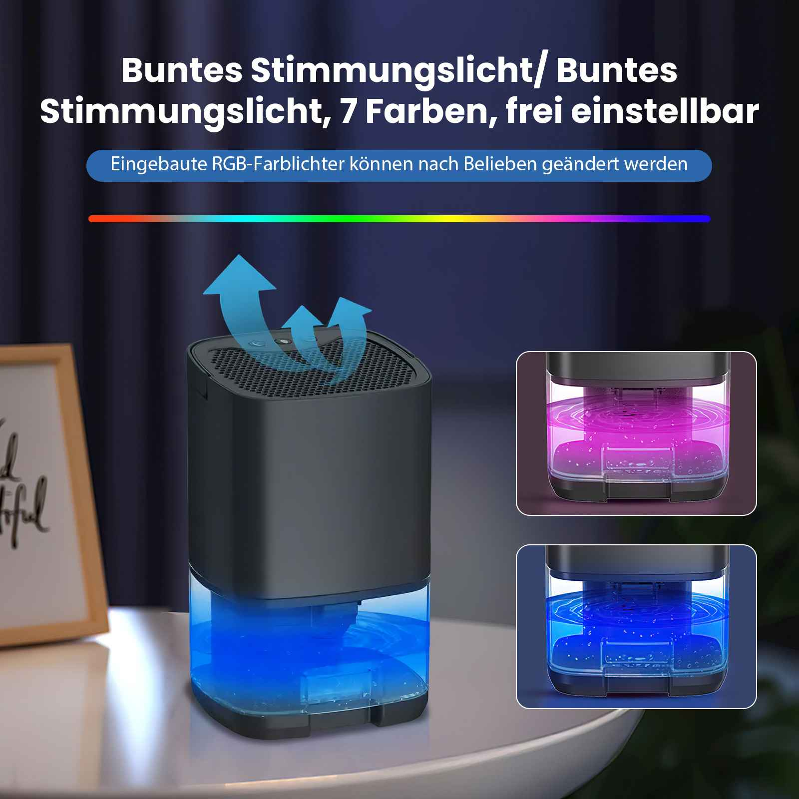 Ein schwarzer Luftreiniger mit blauem Licht am Boden. Oben ist ein Gitter. Zwei kleinere Bilder zeigen unterschiedliche Lichter.