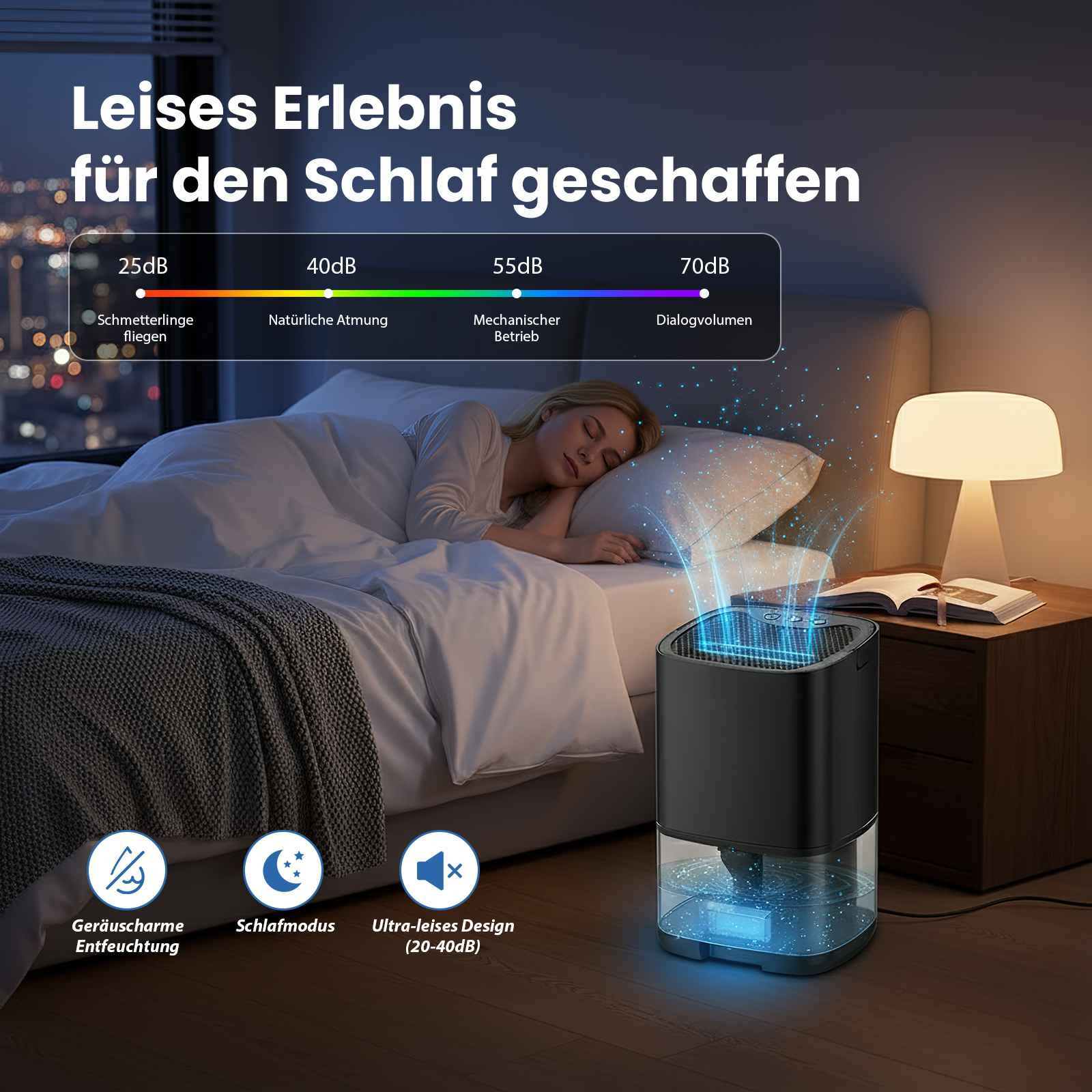 Eine Frau schläft im Bett. Neben ihr steht ein Luftbefeuchter. Das Bild wirbt für ruhigen Schlaf mit Geräuschpegelanzeige.