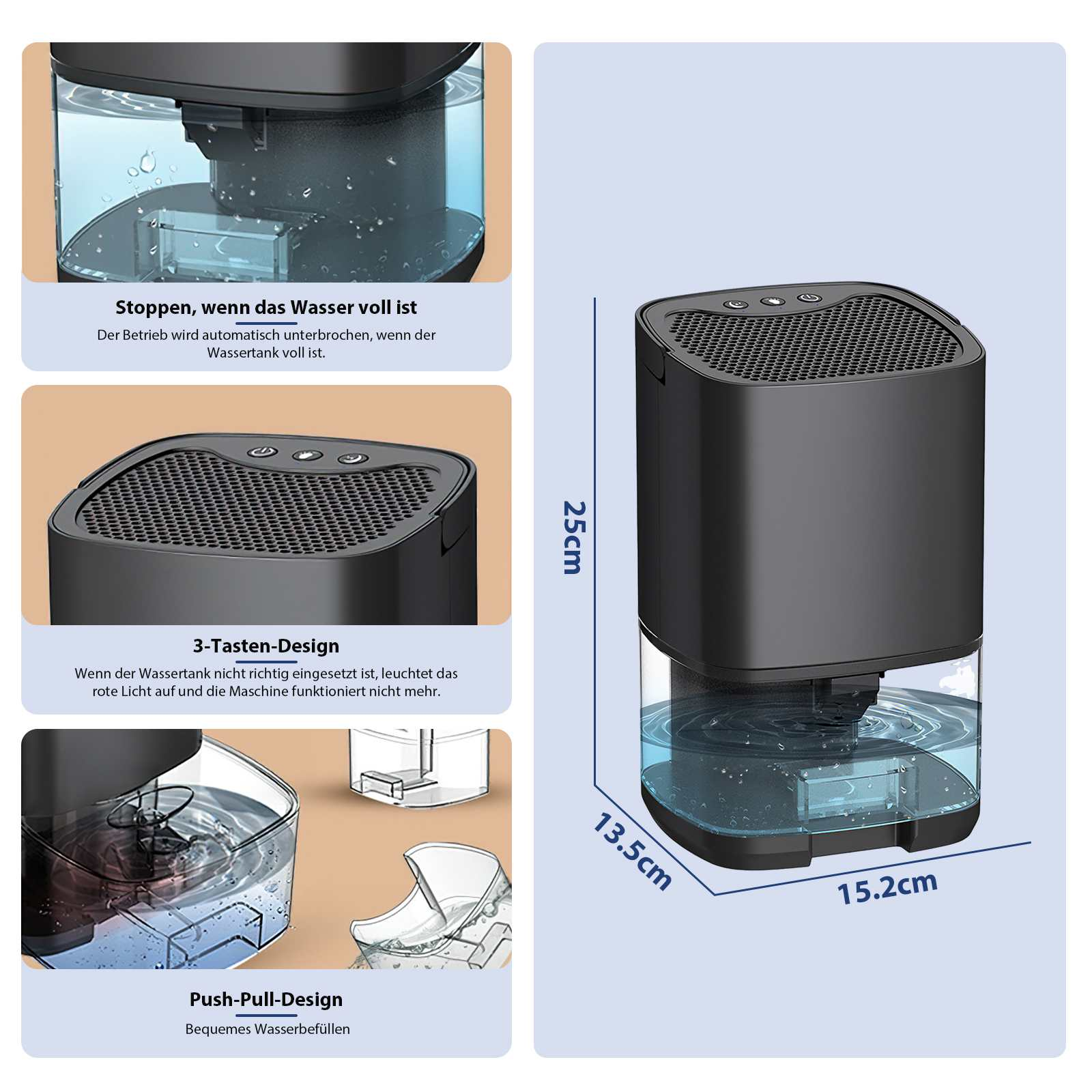 Schwarzer Luftreiniger mit Wassertank. Abmessungen sind angegeben. Details zum Wassertank und den Bedienelementen sind abgebildet.