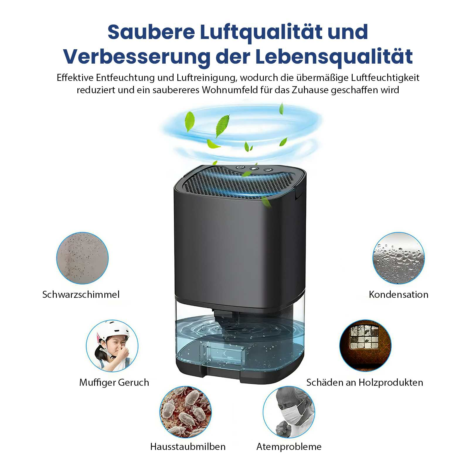 Luftentfeuchter mit Text über saubere Luft. Zeigt Schimmel, Kondensation, Milben und Atemprobleme. Verbessert die Luftqualität.