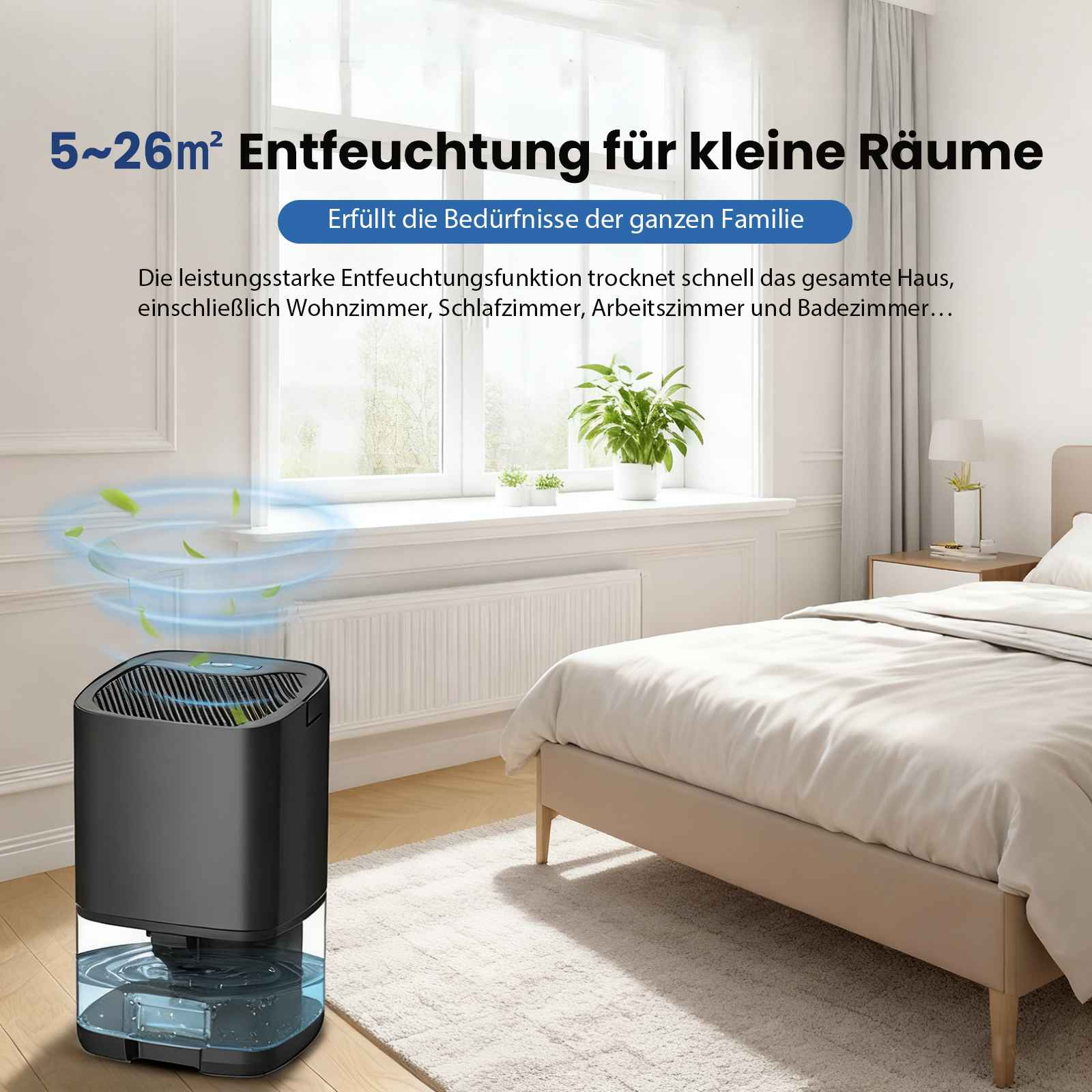 Luftentfeuchter in einem Schlafzimmer. Das Gerät ist schwarz mit blauem Wassertank. Text: Entfeuchtung für kleine Räume.