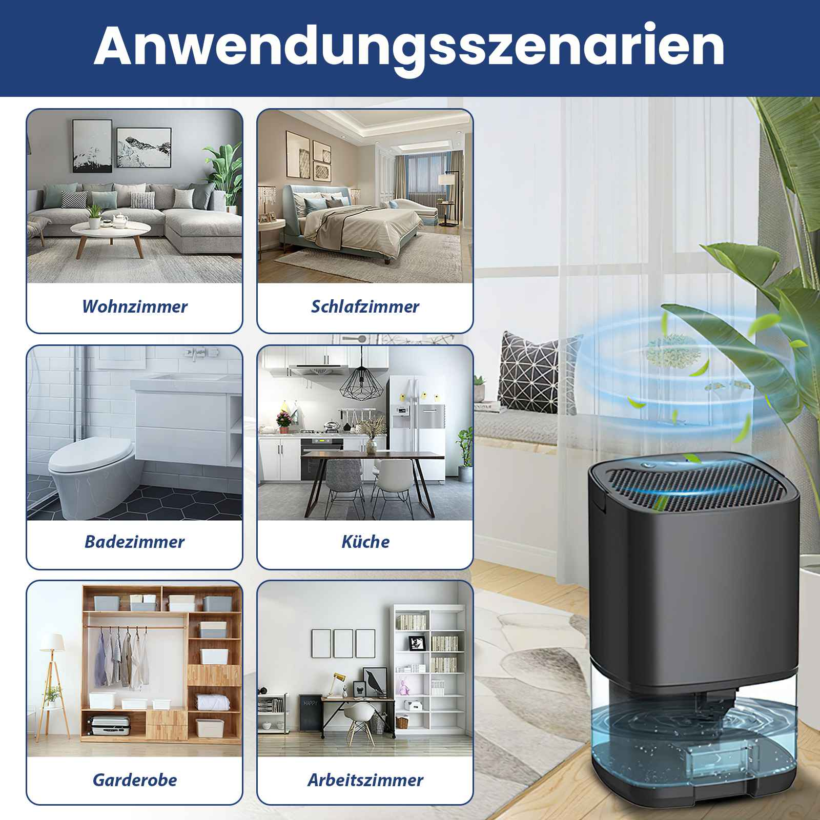 Das Bild zeigt einen Luftreiniger mit sechs Raumszenen. Szenen umfassen Wohnzimmer, Schlafzimmer, Badezimmer, Küche, Kleiderschrank und Büro.