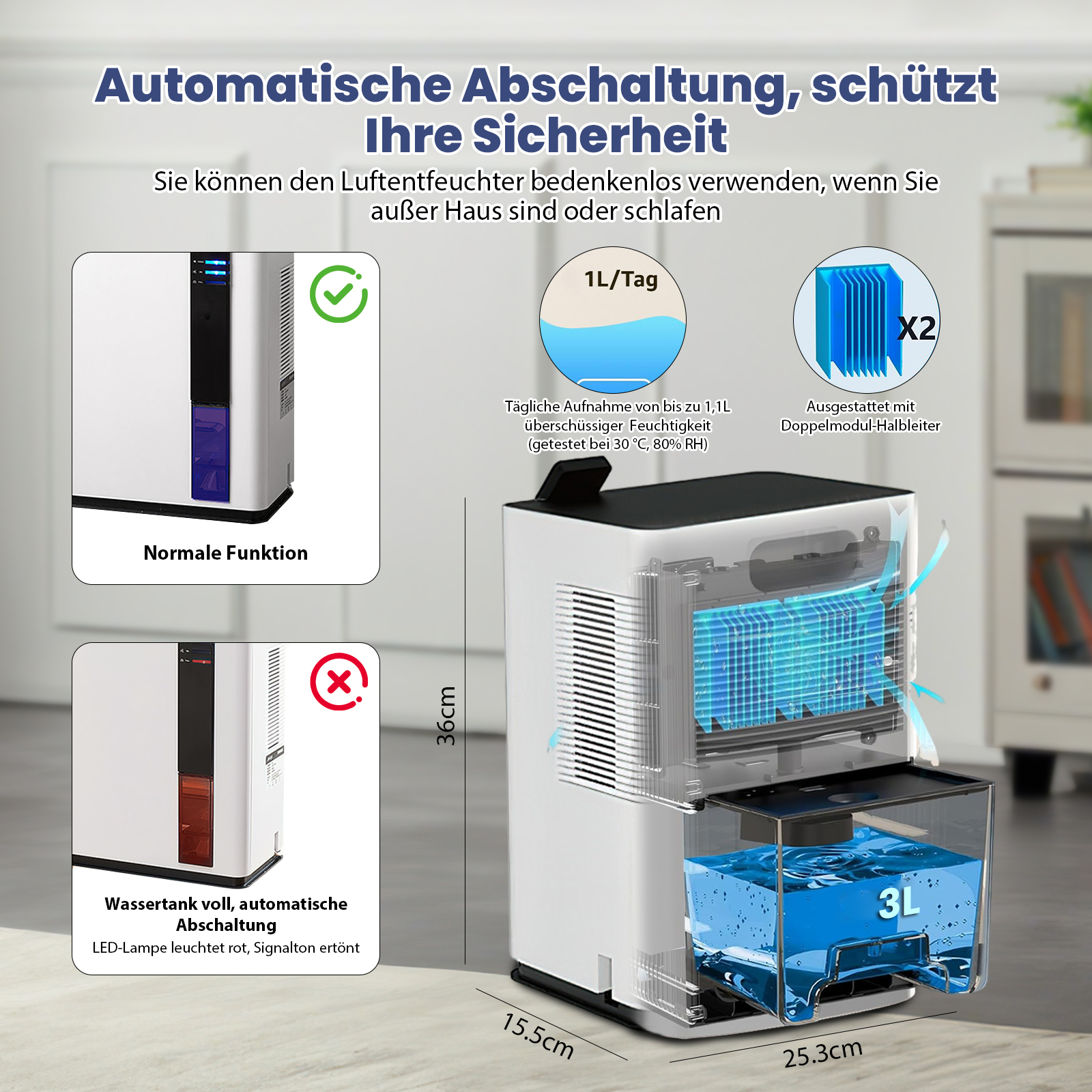 Luftentfeuchter mit Wassertank und Abmessungen. Text beinhaltet automatische Abschaltung und tägliche Feuchtigkeitsaufnahme.