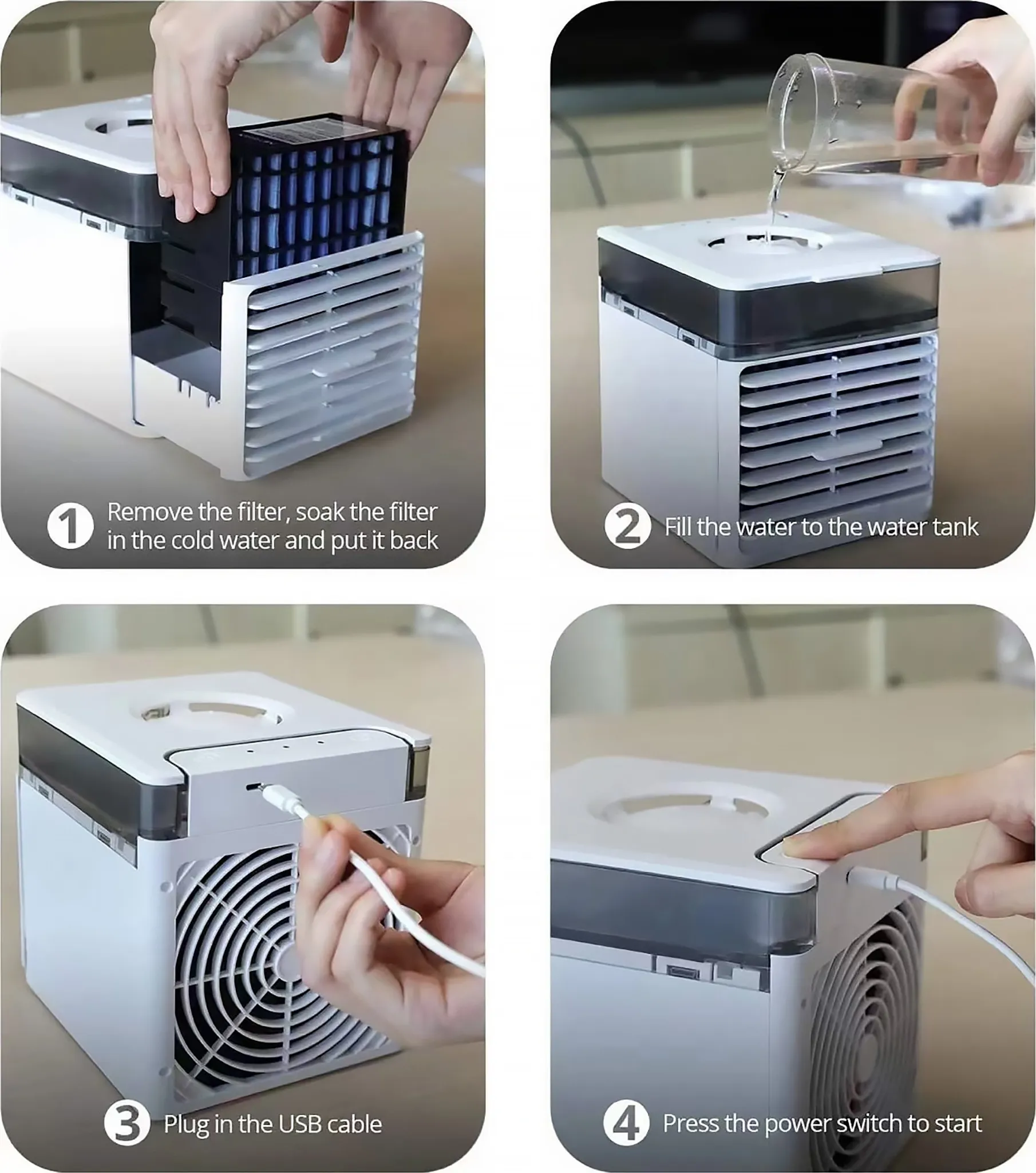 Schritte zur Verwendung eines tragbaren Luftkühlers: Filterentfernung, Wasserbefüllung, USB-Anschluss und Druck auf die Ein-/Aus-Taste.