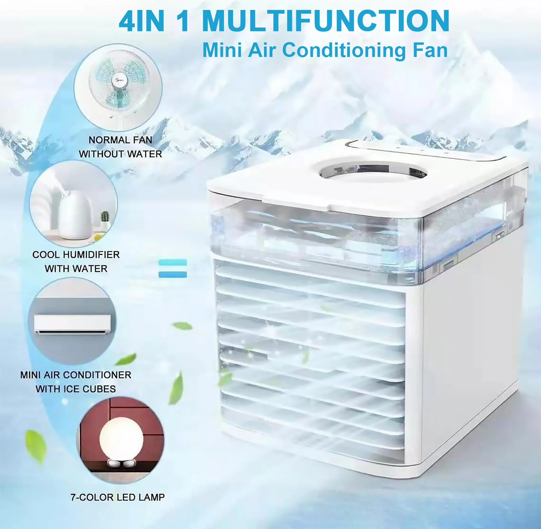 Das Bild zeigt einen 4-in-1-Mini-Klimaanlagenventilator mit Etiketten und Symbolen. Es hat mehrere Funktionen, darunter einen Luftbefeuchter.