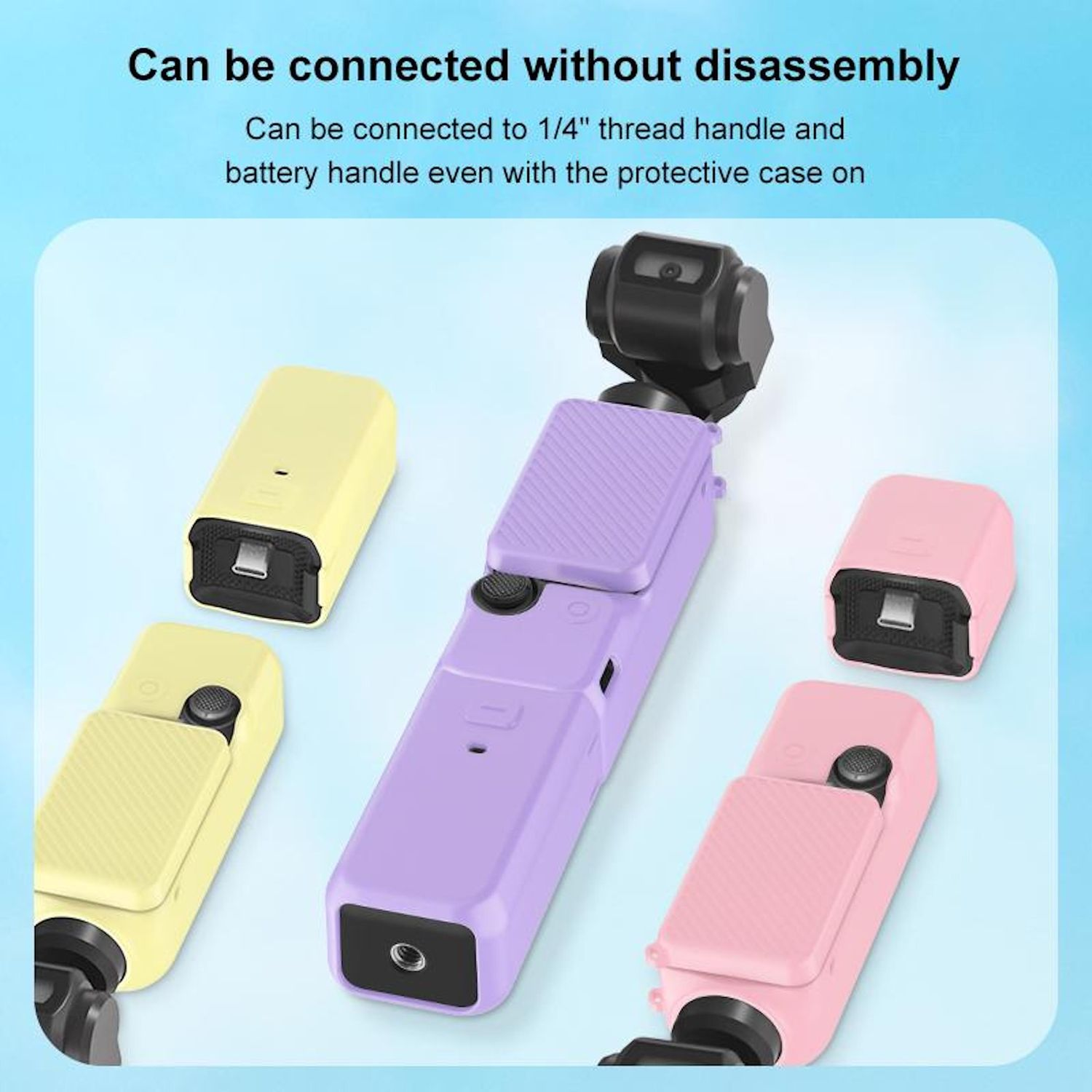L'immagine mostra una fotocamera viola e quattro fotocamere più piccole in giallo e rosa. Il testo dice che può essere collegato senza smontaggio.