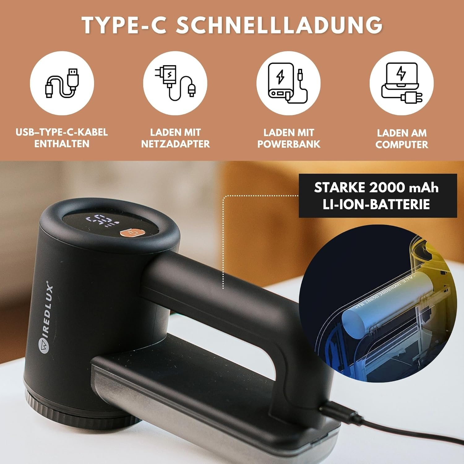Ein schwarzer Fusselentferner mit Ladeoptionen. Enthält USB-C-Kabel, Adapter, Powerbank und Computerladung. Text: TYPE-C.