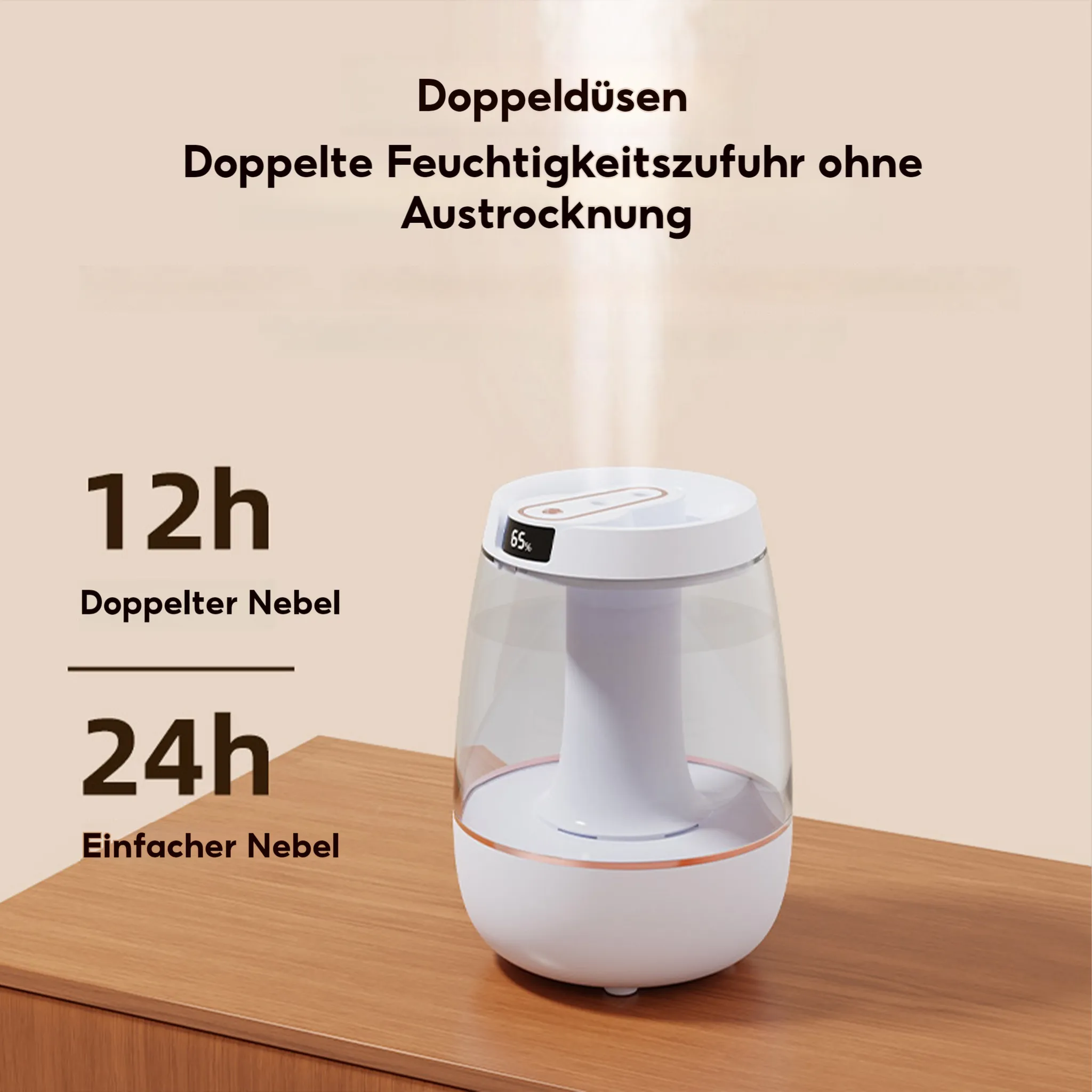 Ein weißer und klarer Luftbefeuchter auf einem Holztisch. Text beinhaltet: 12h, 24h und Produktmerkmale.