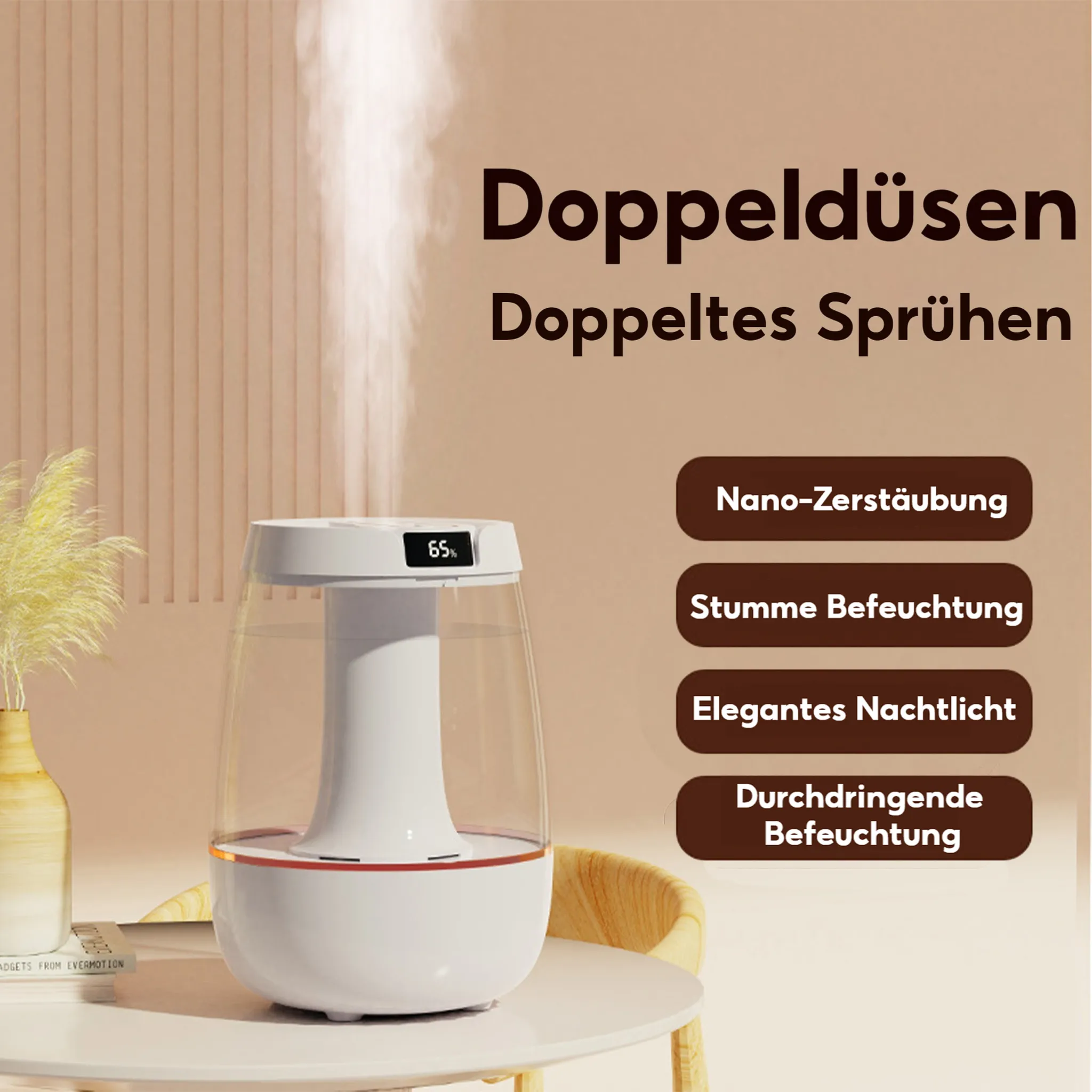 Weißer Luftbefeuchter mit Dampf auf einem Tisch. Text: Doppeldüsen, Nano-Zerstäubung, Stumme Befeuchtung, Elegantes Nachtlicht.