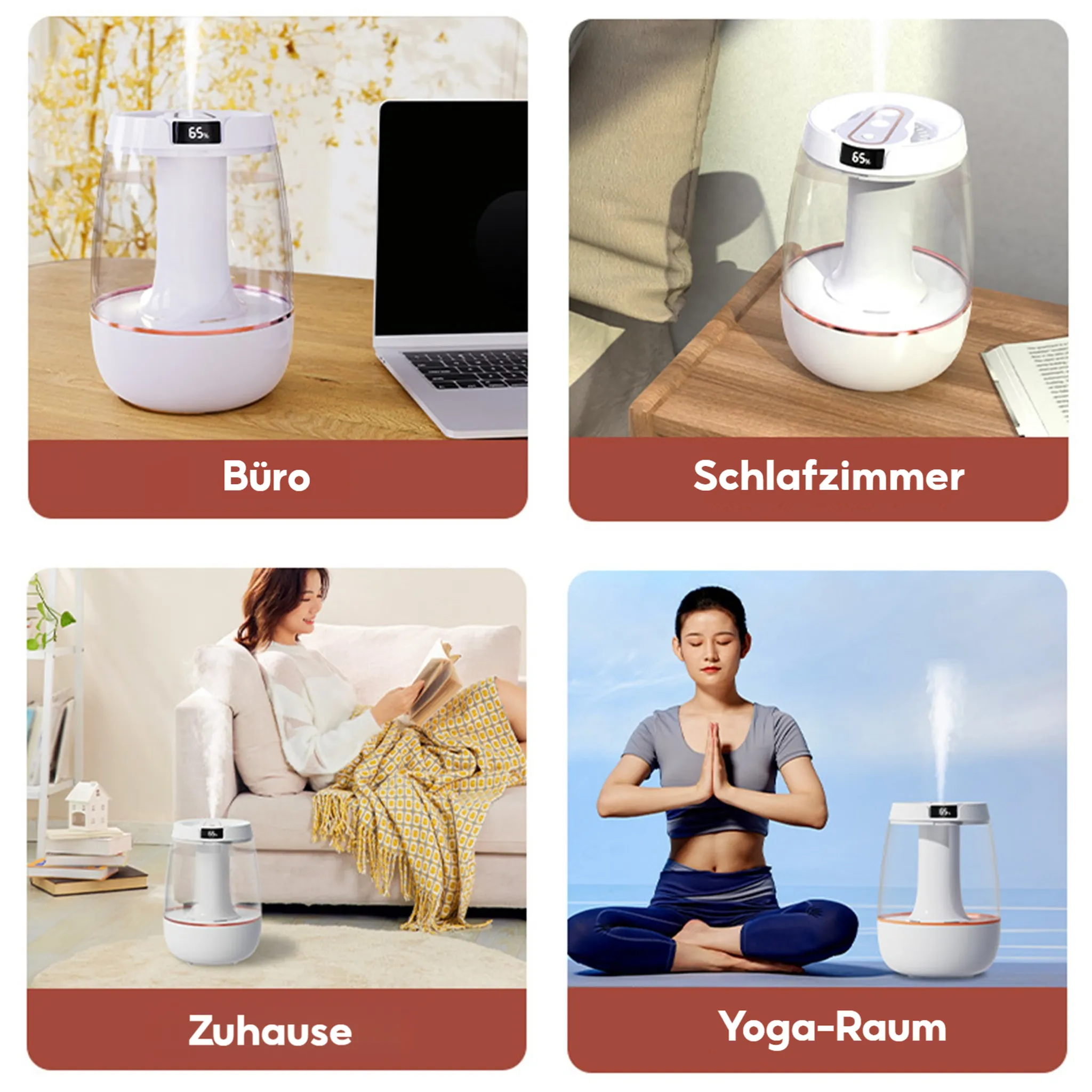 Das Bild zeigt einen Luftbefeuchter in verschiedenen Umgebungen: Büro, Schlafzimmer, Zuhause und Yoga-Raum. Jede Szene zeigt den Befeuchter.