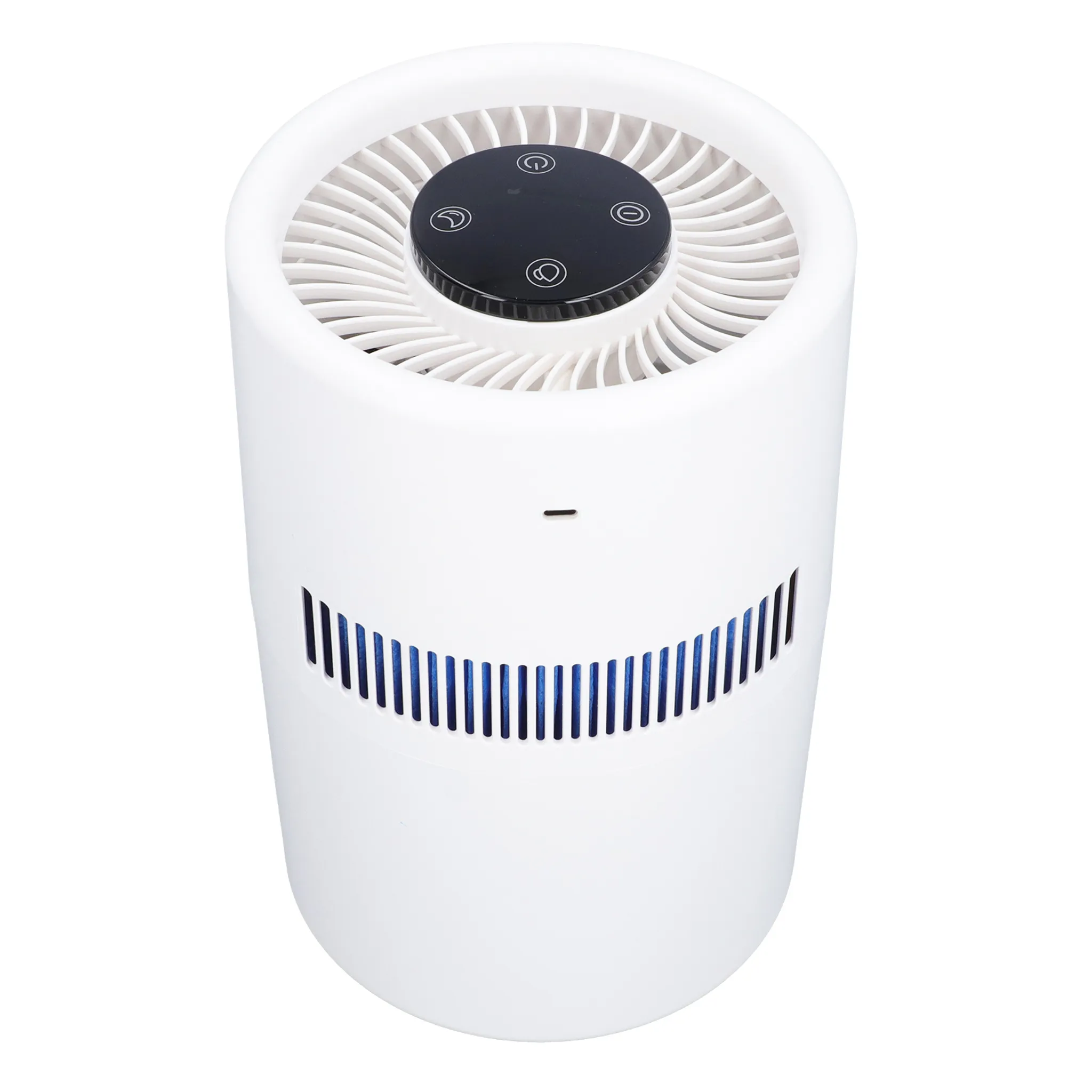 Weißer Luftreiniger mit schwarzem Deckel. Er hat einen Ventilator und Bedienelemente. Blaues Licht scheint durch die Lüftungsschlitze.