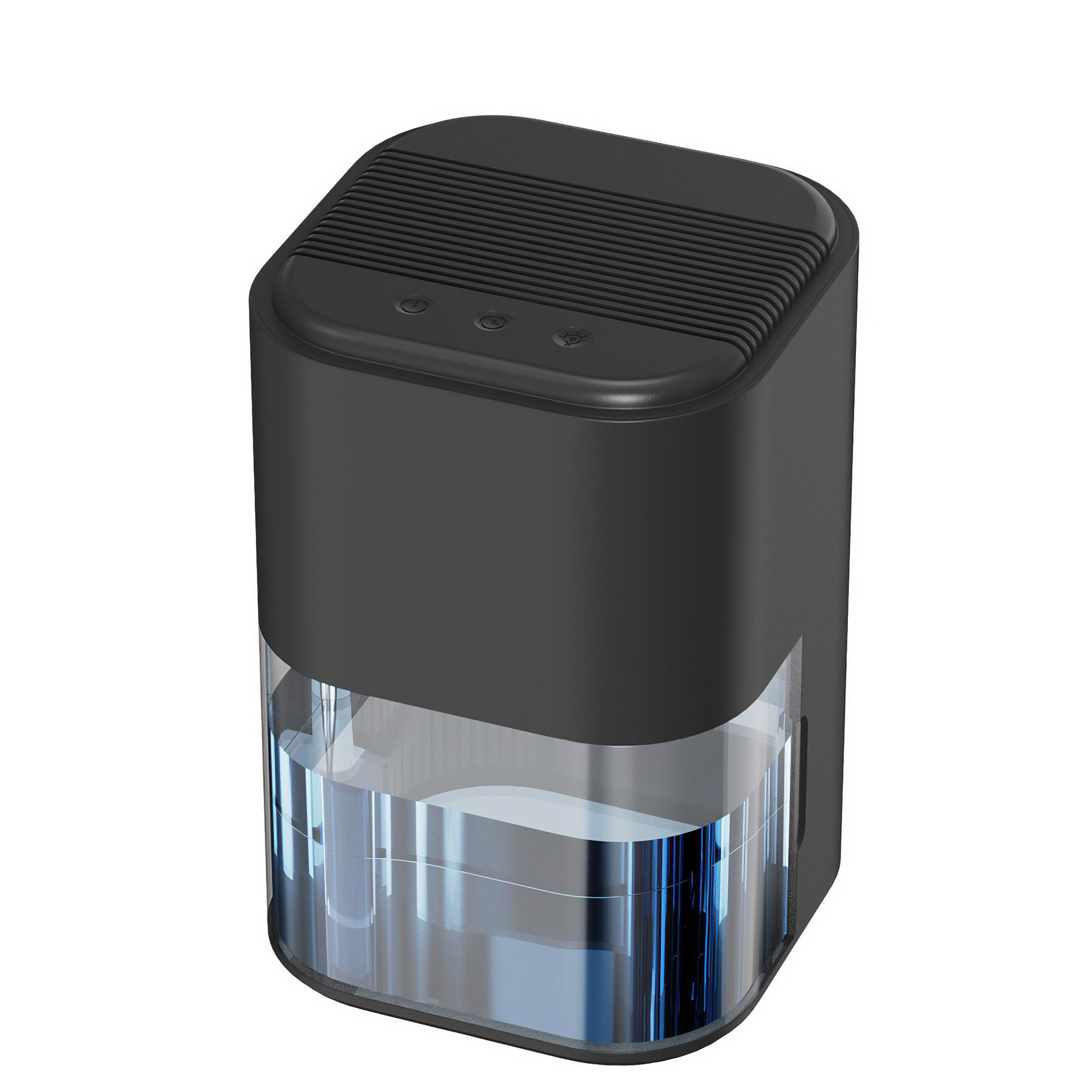 Ein schwarzer Luftentfeuchter mit transparentem Wassertank. Oberseite hat Knöpfe und Lüftungsschlitze.