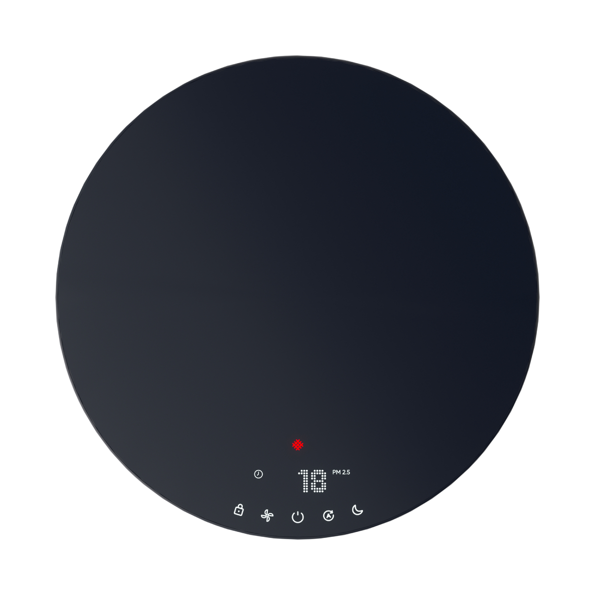 Ein dunkles, kreisförmiges Gerät zeigt digitale Zahlen und Symbole an. Ein rotes Licht leuchtet. Der Wert ist 18, PM 2,5 wird angezeigt.