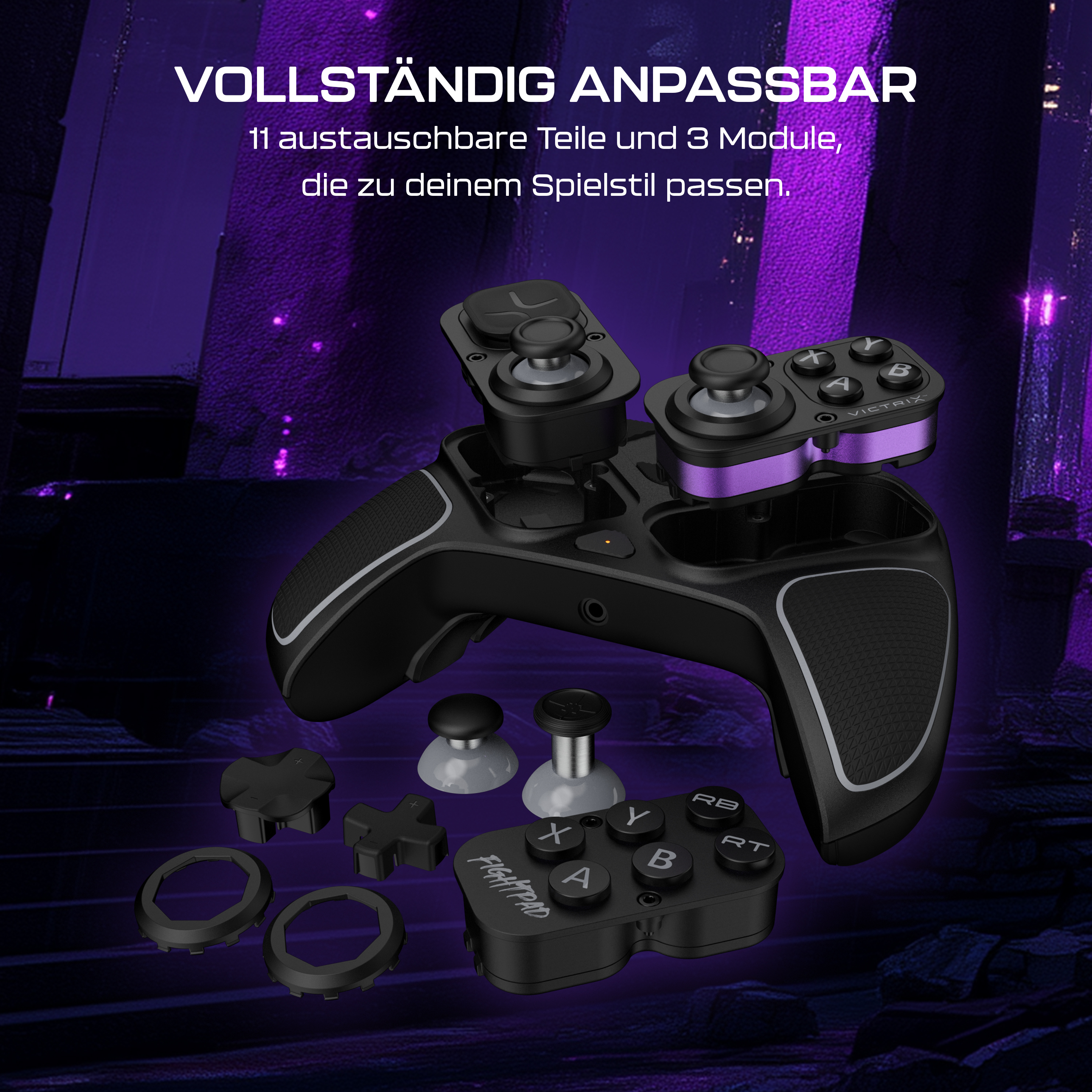 Schwarzer Gamecontroller mit abnehmbaren Teilen. Knöpfe sind A, B, X, Y, RB und RT. Lilafarbener Hintergrund.