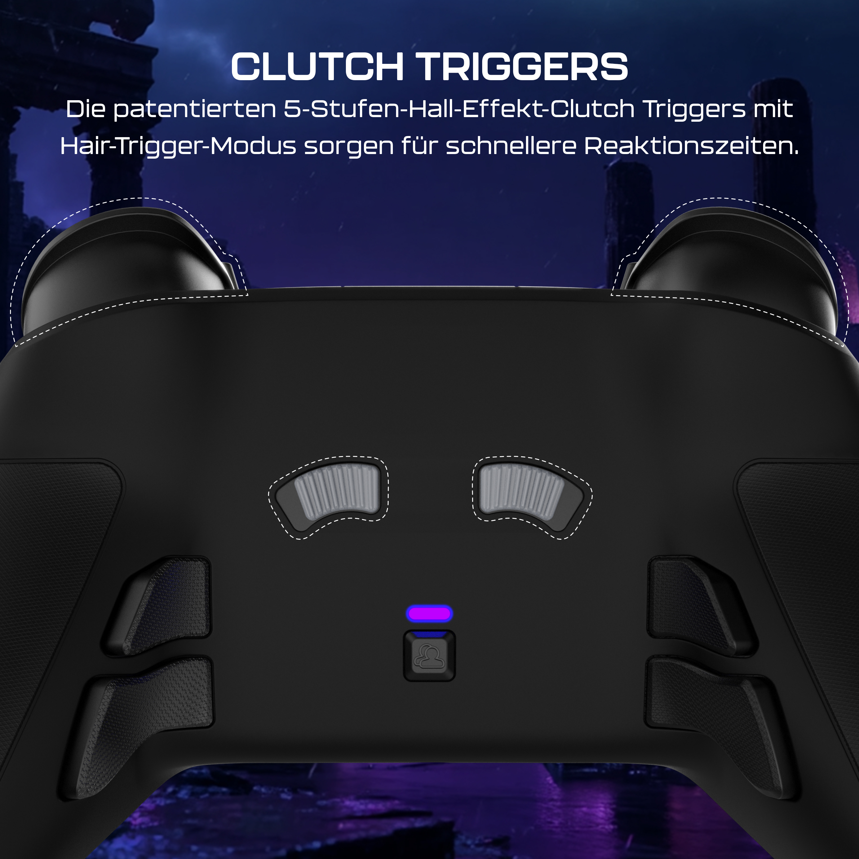 Schwarzer Gamecontroller mit Triggern und Tasten. Lila und blauer Hintergrund. Text: 'CLUTCH TRIGGERS'.
